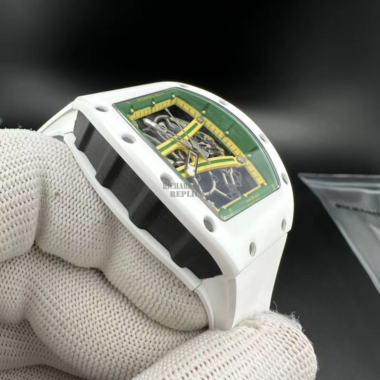 Replica Richard Mille RM 61-01 White Ceramic Skeleton Dial 50mm White Rubber Strap -Dial Detail 4