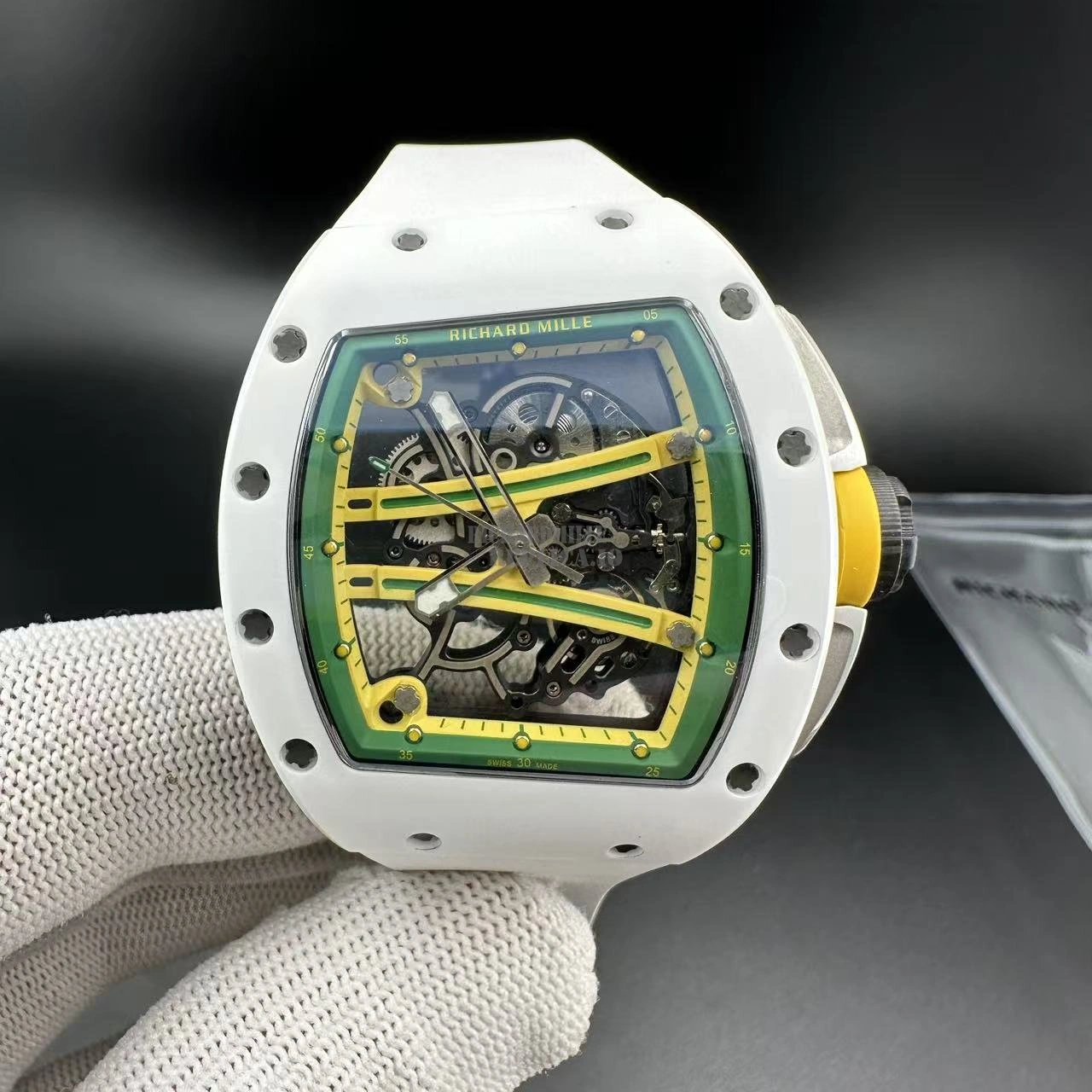 Replica Richard Mille RM 61-01 White Ceramic Skeleton Dial 50mm White Rubber Strap -Front View