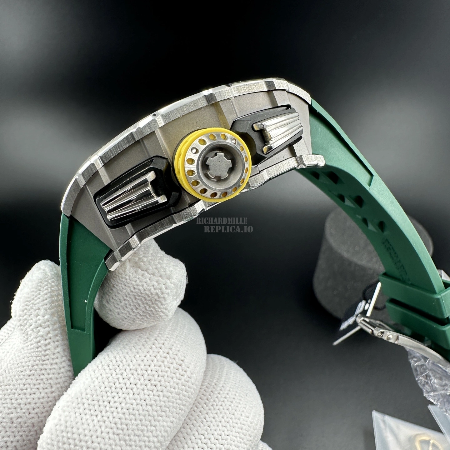 AAA Replica Richard Mille RM11-03 KU Steel Flyback Chronograph Skeleton Green Rubber Strap - Right Side View