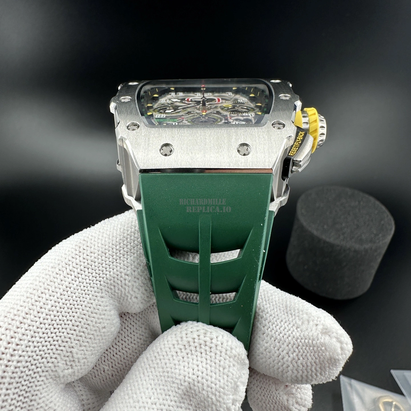 AAA Replica Richard Mille RM11-03 KU Steel Flyback Chronograph Skeleton Green Rubber Strap - Dial Detail 3