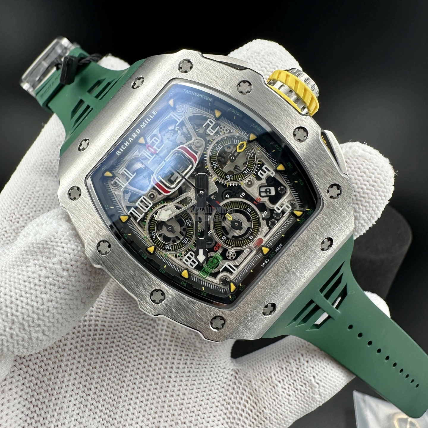 AAA Replica Richard Mille RM11-03 KU Steel Flyback Chronograph Skeleton Green Rubber Strap - Dial Detail 2