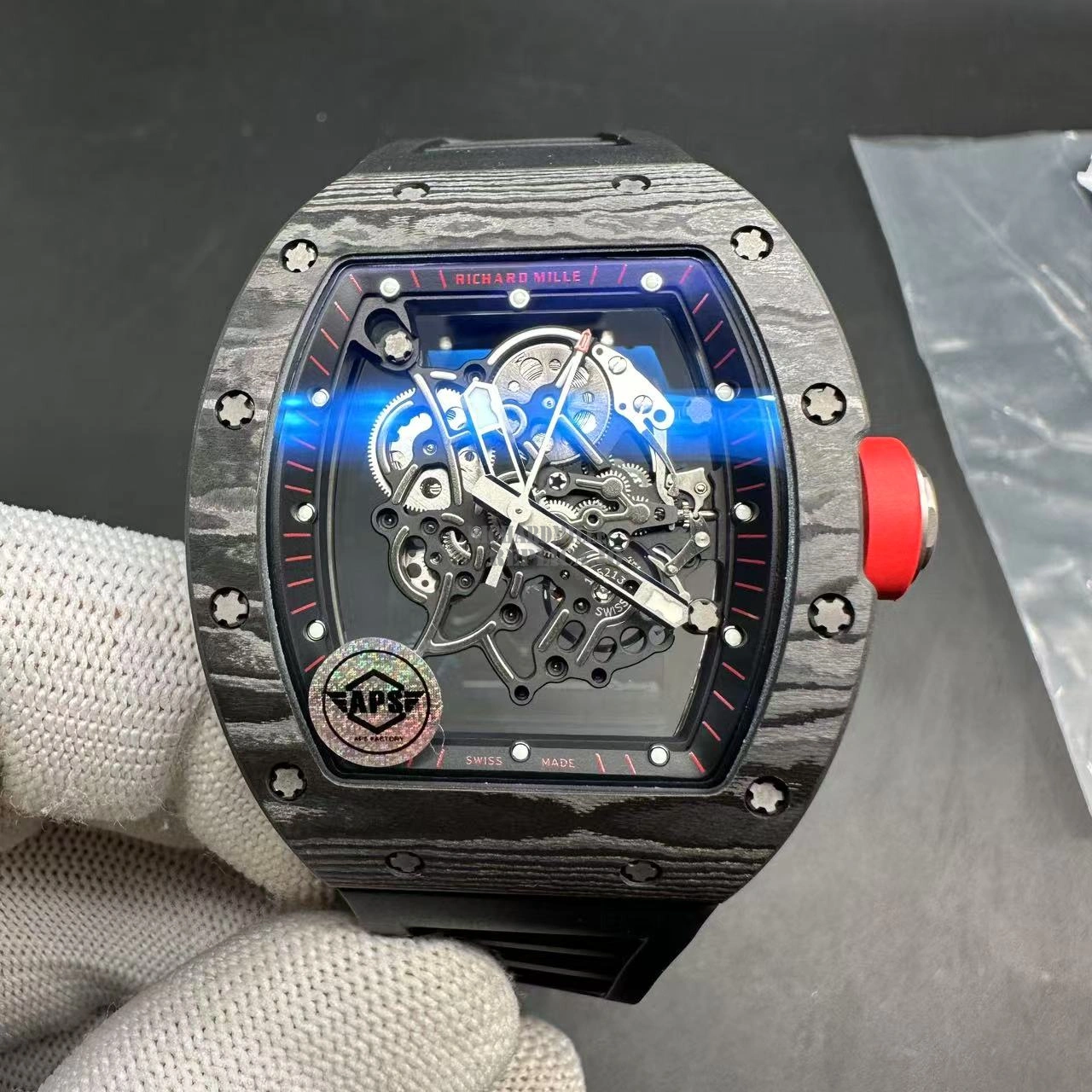 Super Clone Richard Mille RM 055 Bubba Watson Black Carbon Skeleton APS Factory - Front view