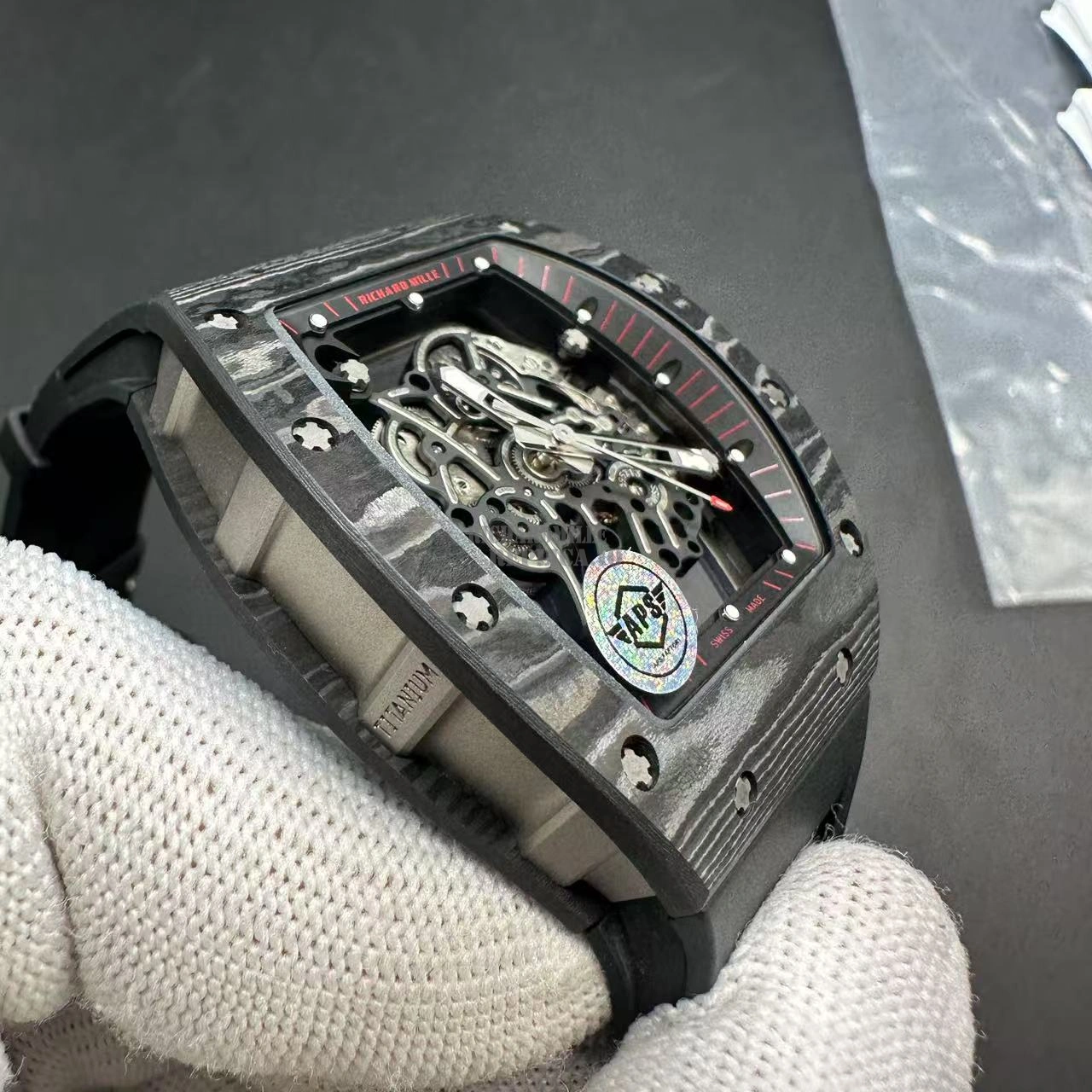 Super Clone Richard Mille RM 055 Bubba Watson Black Carbon Skeleton APS Factory - Side view