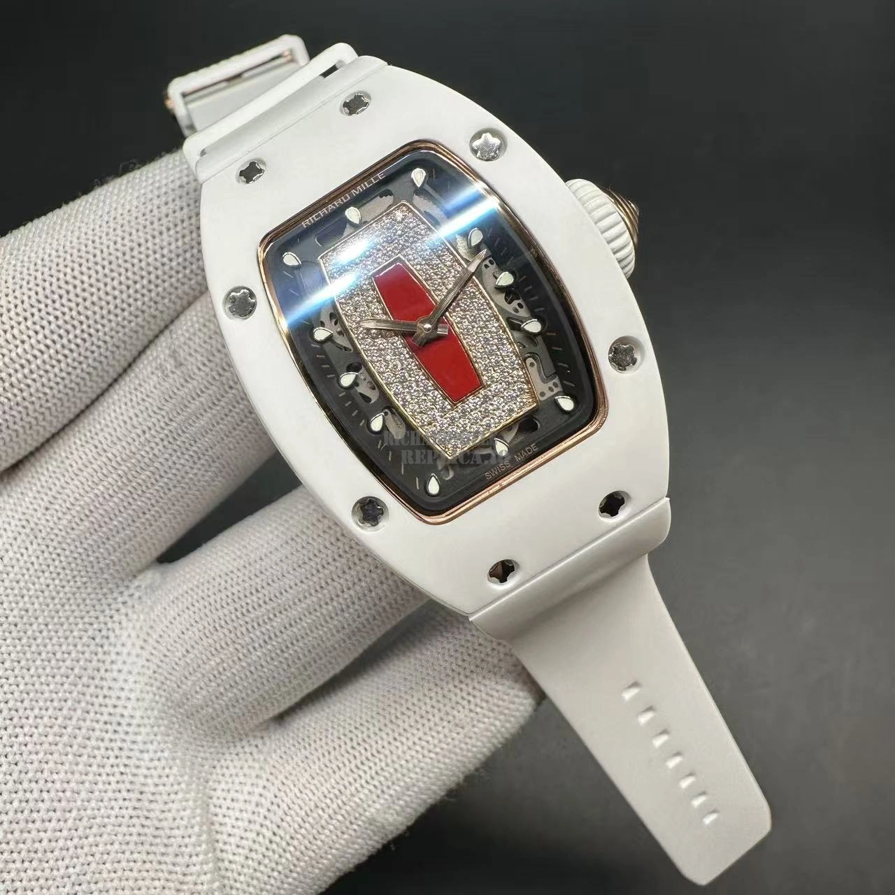 Replica Richard Mille RM 07-01 White Ceramic Diamond Pavé Red Lips Women's Automatic - Dial Detail 1