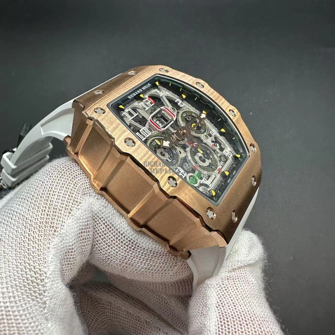 Replica Richard Mille RM 11-03 Full Rose Gold Skeleton Chronograph 7750 Automatic White Rubber Strap - Left Side