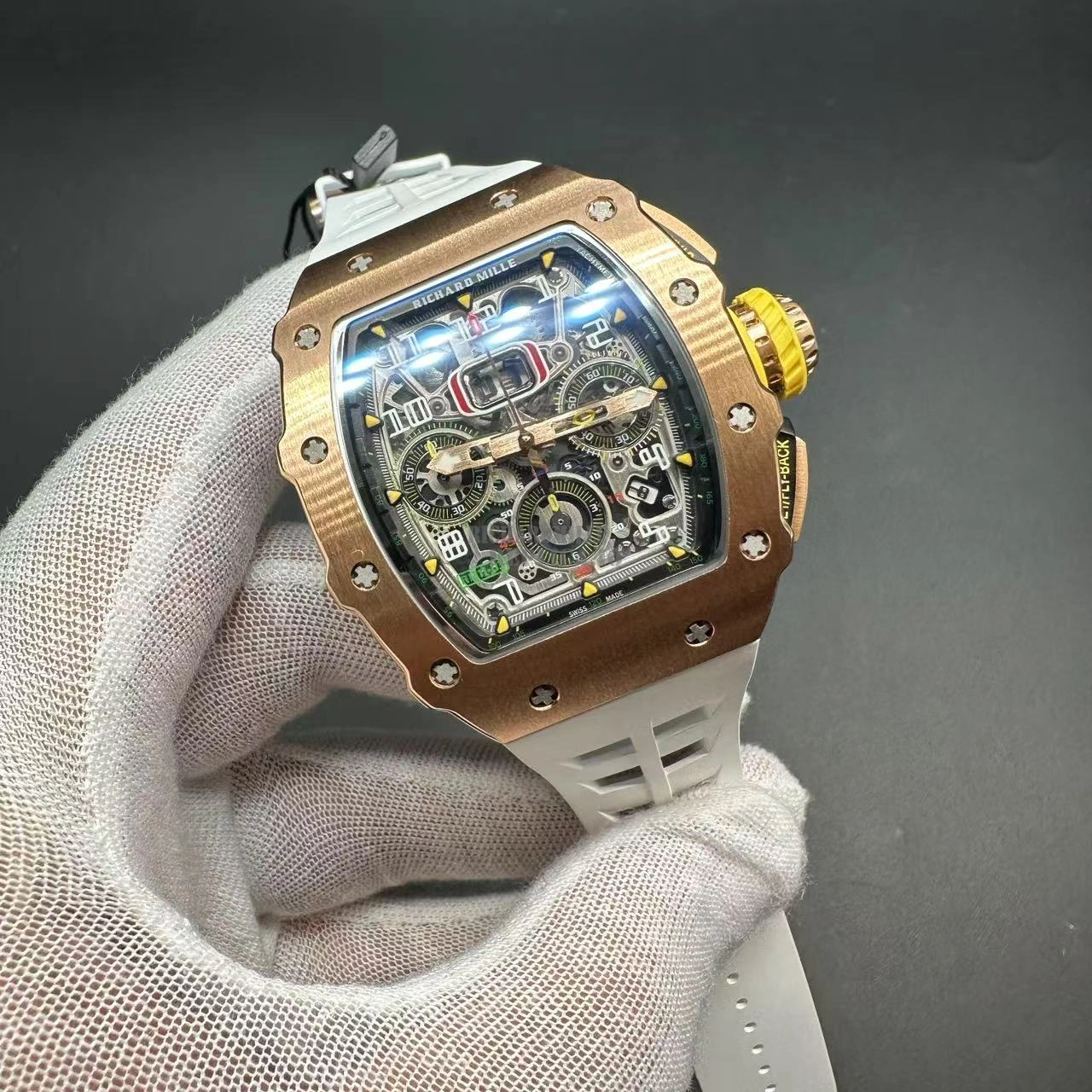 Replica Richard Mille RM 11-03 Full Rose Gold Skeleton Chronograph 7750 Automatic White Rubber Strap - Dial Detail 3