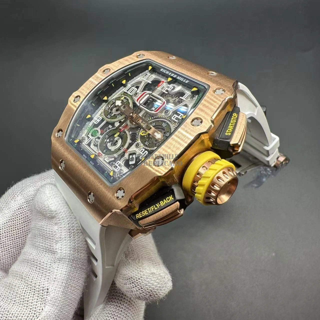 Replica Richard Mille RM 11-03 Full Rose Gold Skeleton Chronograph 7750 Automatic White Rubber Strap - Dial Detail 1