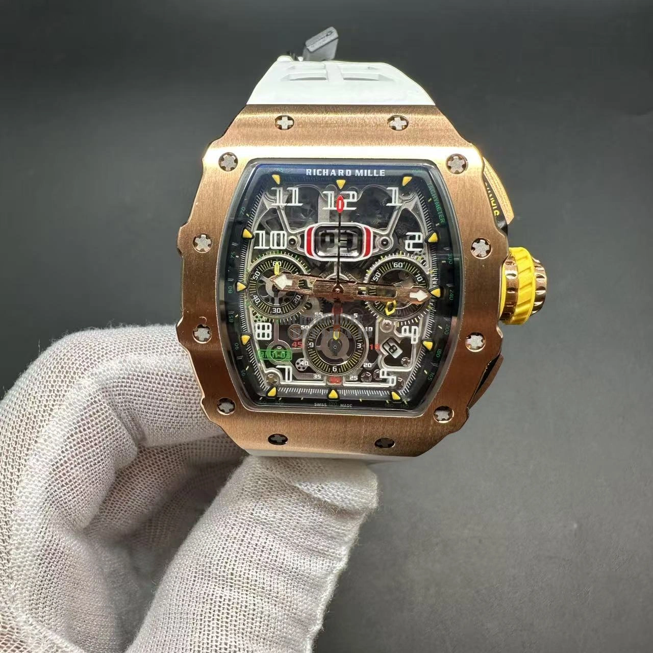 Replica Richard Mille RM 11-03 Full Rose Gold Skeleton Chronograph 7750 Automatic White Rubber Strap - Front View