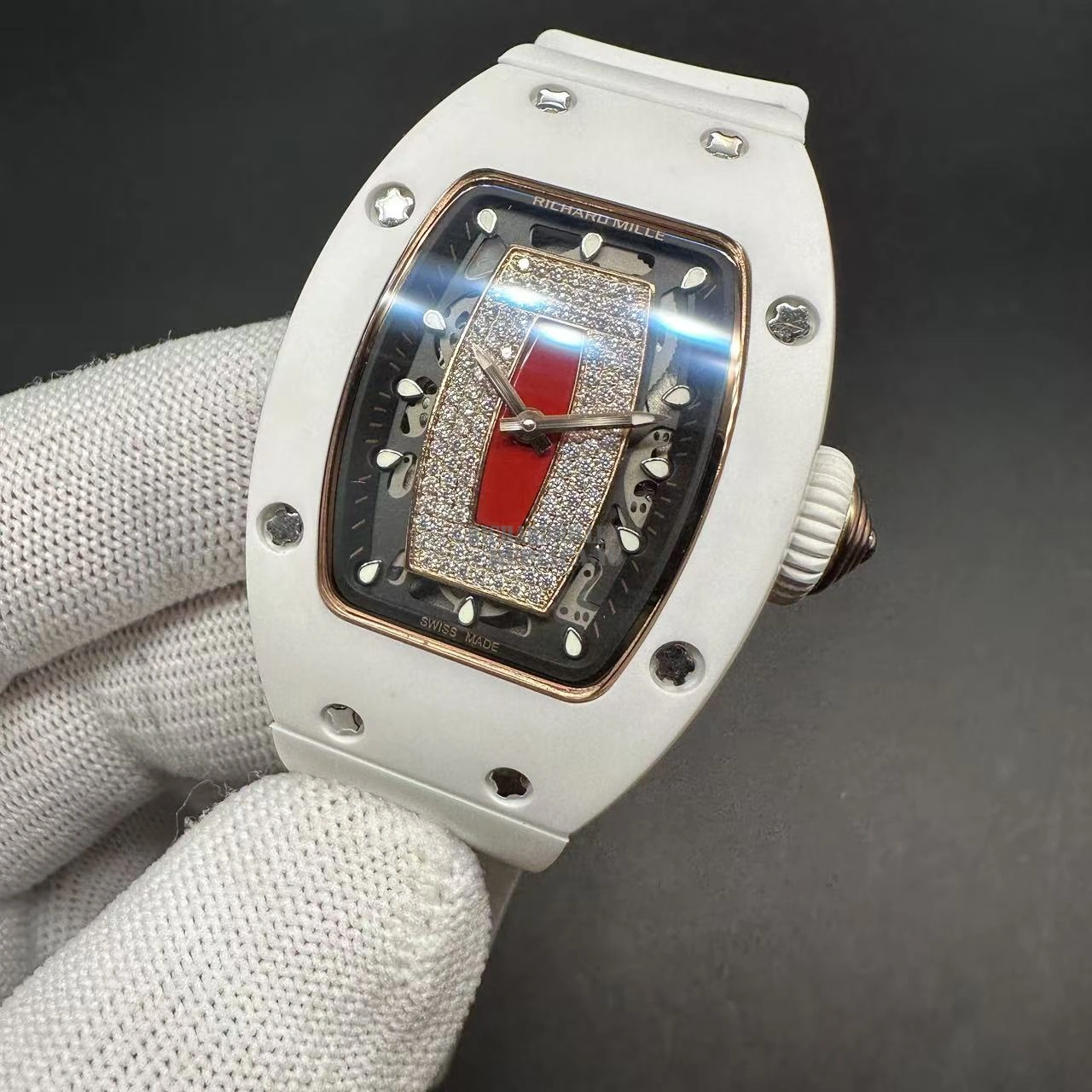 Replica Richard Mille RM 07-01 White Ceramic Diamond Pavé Red Lips Women's Automatic - Dial Detail 2