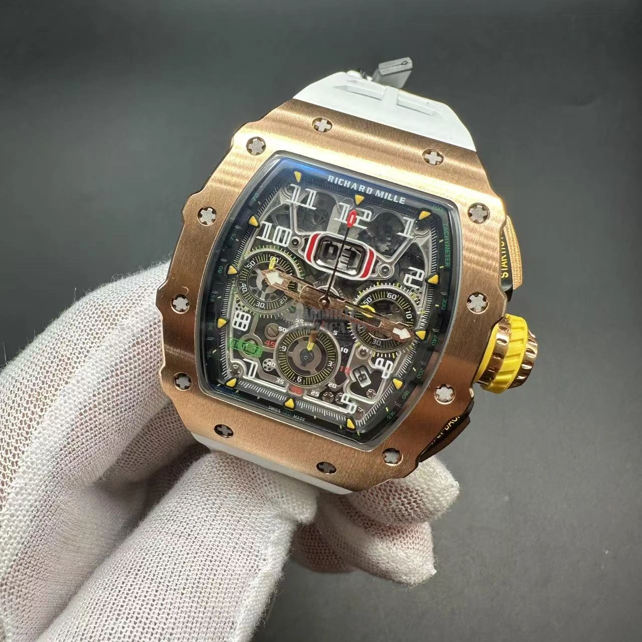 Replica Richard Mille RM 11-03 Full Rose Gold Skeleton Chronograph 7750 Automatic White Rubber Strap - Dial Detail 2