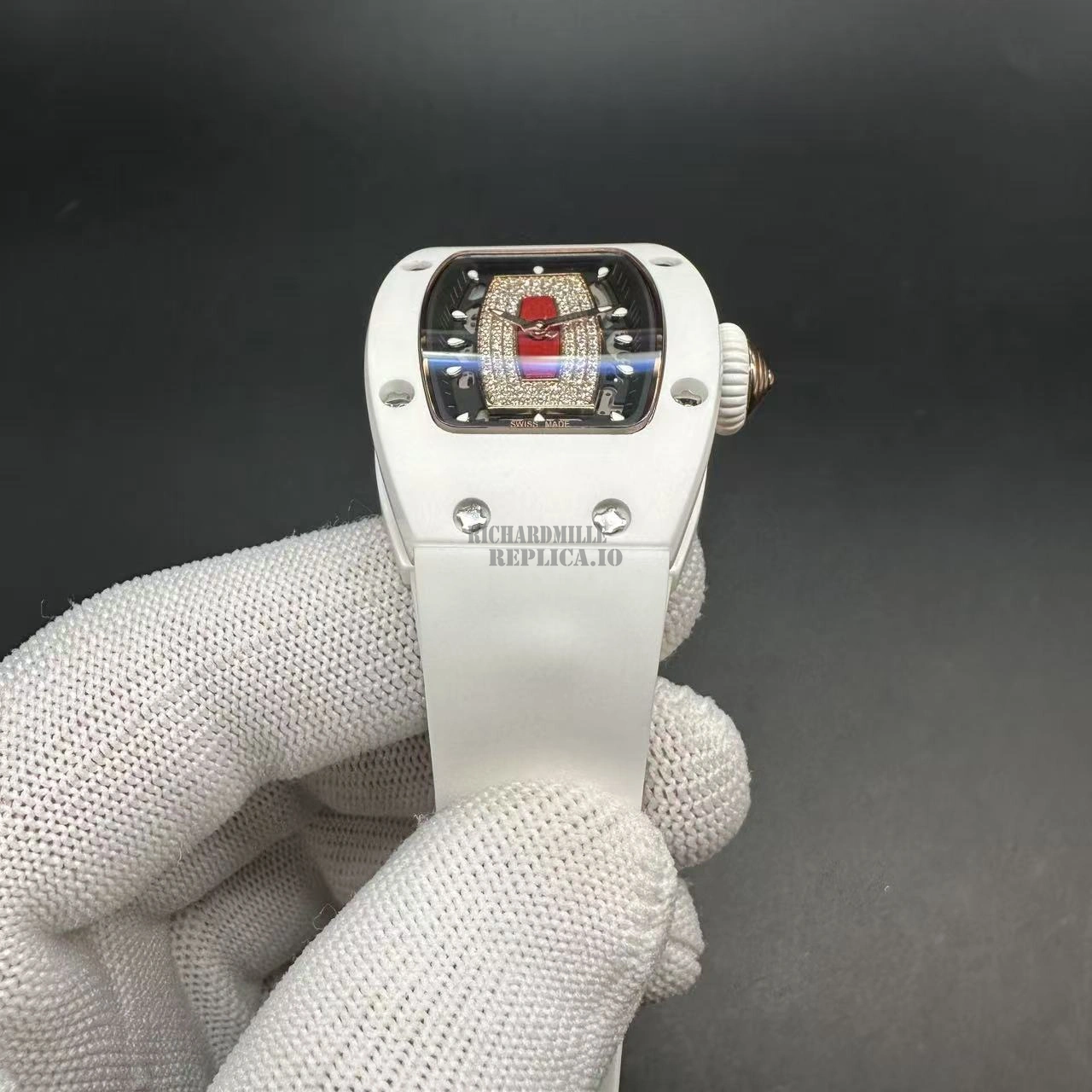 Replica Richard Mille RM 07-01 White Ceramic Diamond Pavé Red Lips Women's Automatic - Dial Detail 3