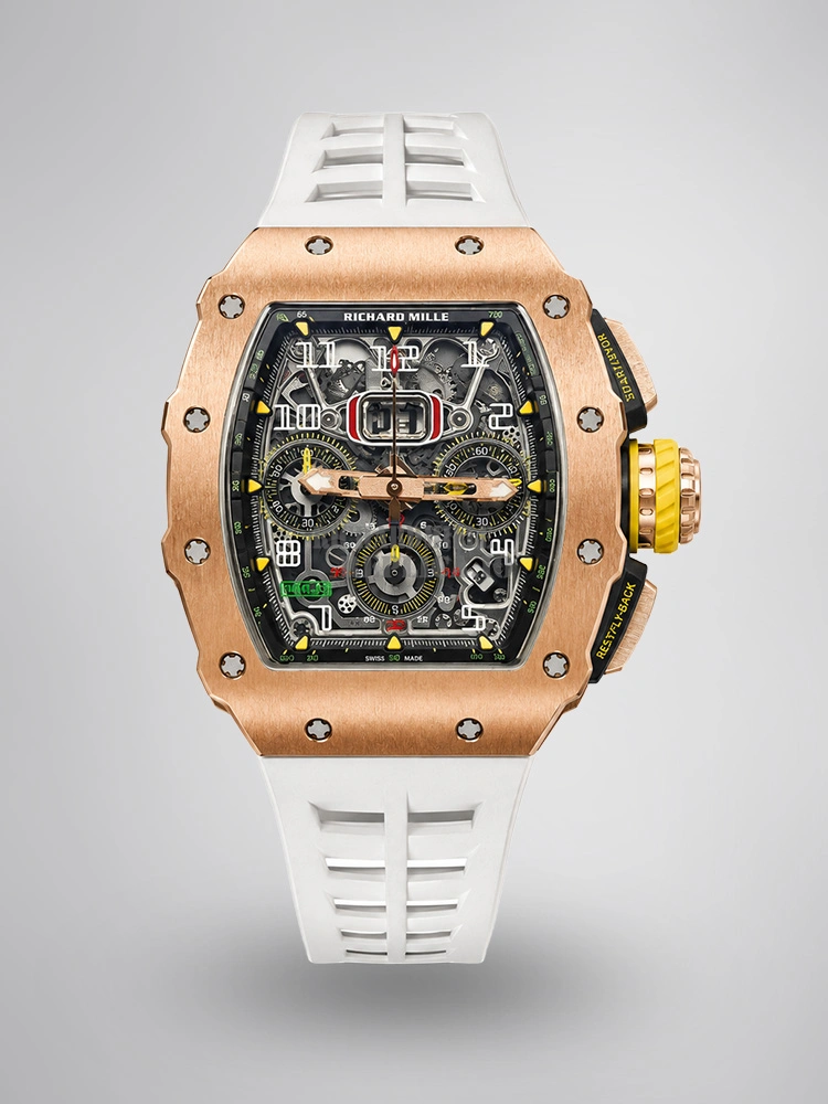 Replica Richard Mille RM 11-03 Full Rose Gold Skeleton Chronograph 7750 Automatic White Rubber Strap - Main Image