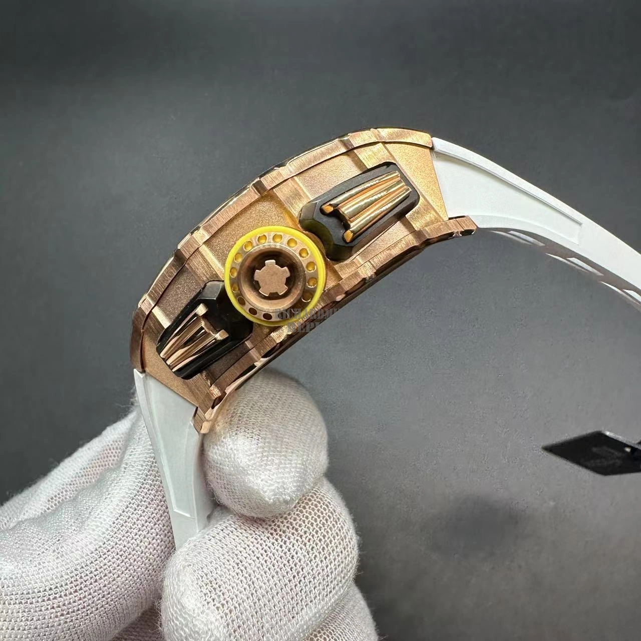 Replica Richard Mille RM 11-03 Full Rose Gold Skeleton Chronograph 7750 Automatic White Rubber Strap - Right Side