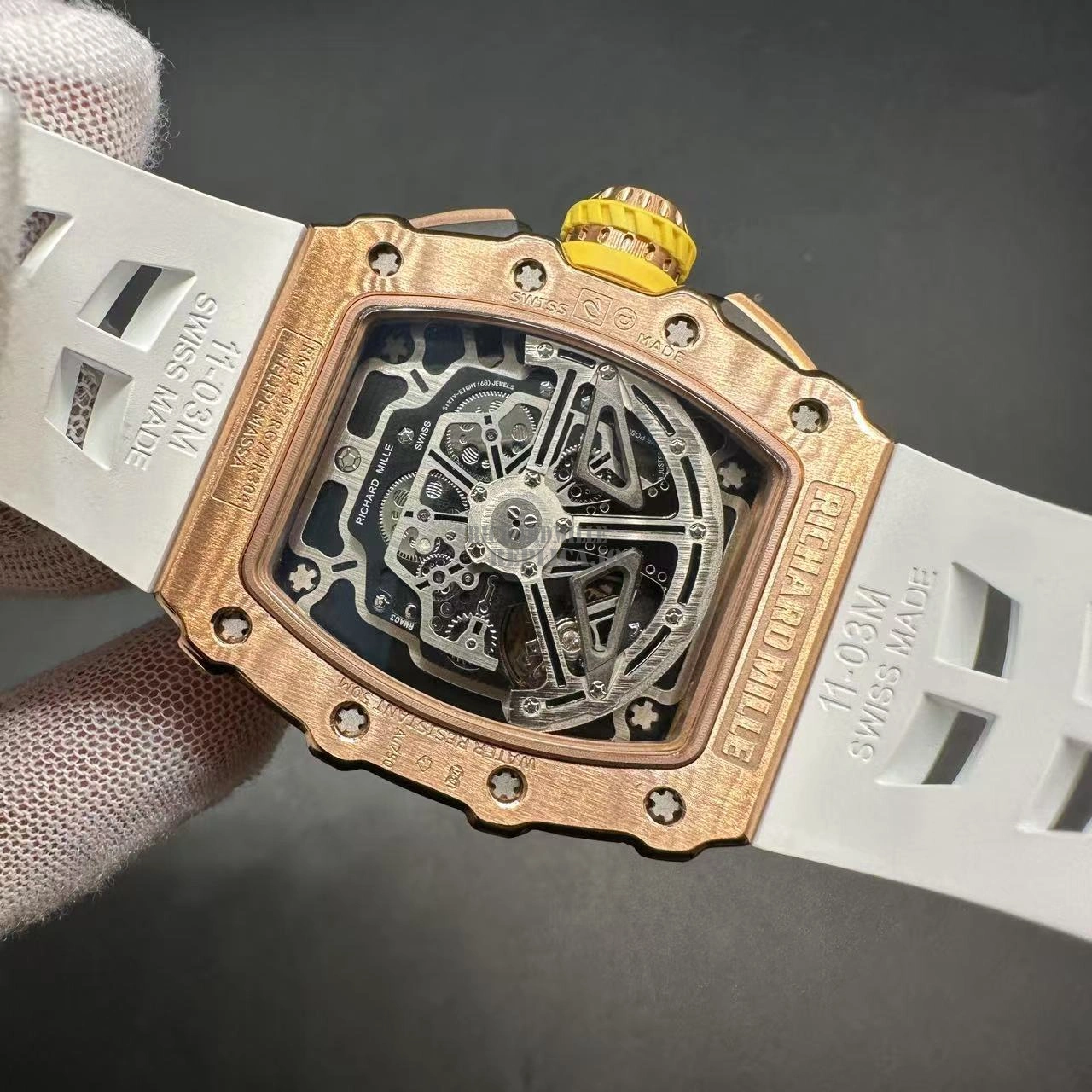 Replica Richard Mille RM 11-03 Full Rose Gold Skeleton Chronograph 7750 Automatic White Rubber Strap - Back View