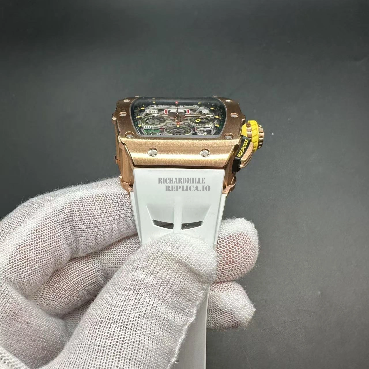 Replica Richard Mille RM 11-03 Full Rose Gold Skeleton Chronograph 7750 Automatic White Rubber Strap - Dial Detail 4