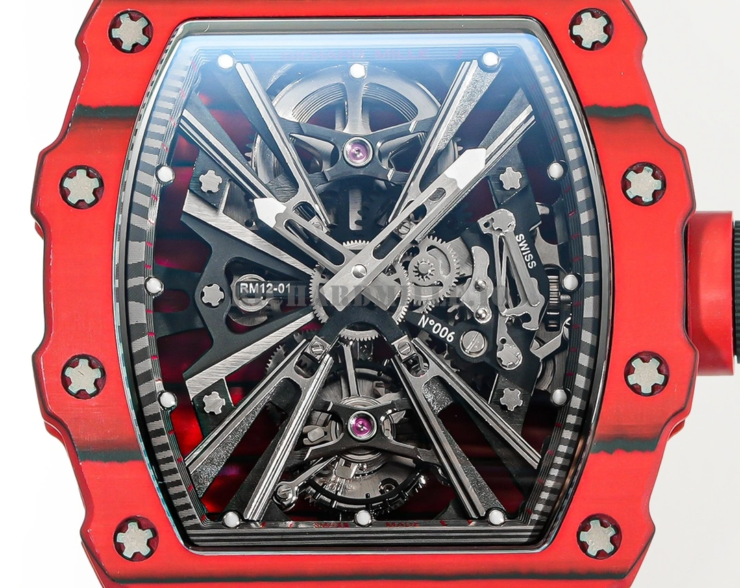 Richard Mille RM 12-01 V3 Super Clone Carbon Fiber Red Quartz Tourbillon Replica Watch - Front View
