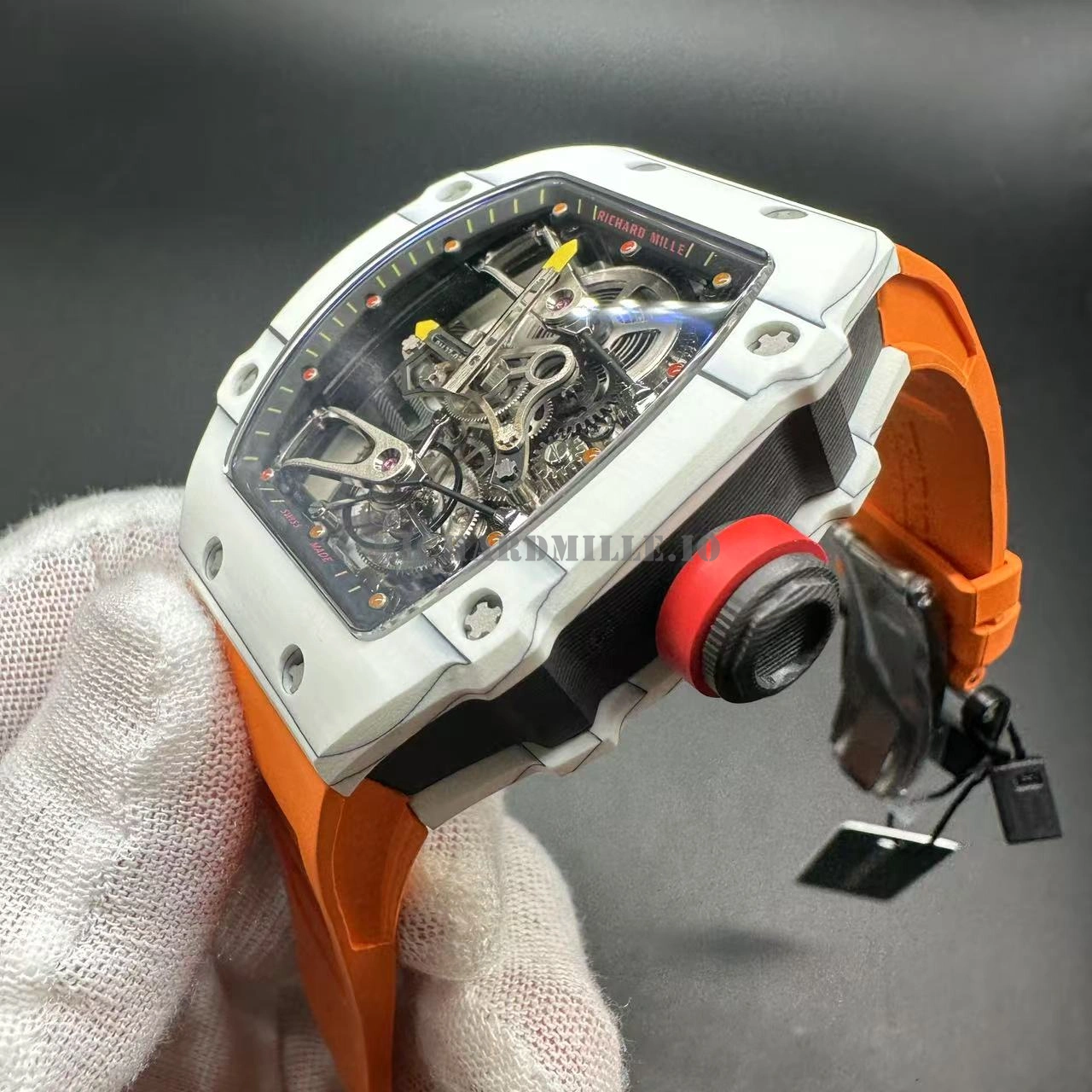 Richard Mille RM 27-02 Rafael Nadal Skeleton Replica Tourbillon Watch with White Quartz Fiber Carbon Case - Side View