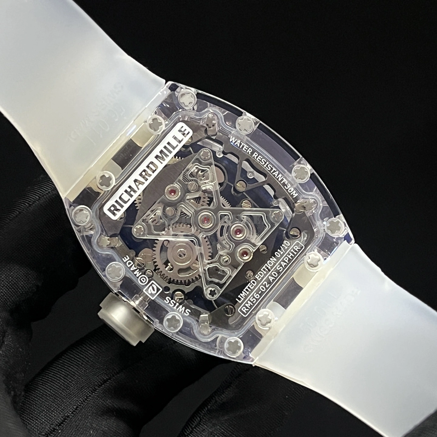Super Clone Richard Mille RM 56-02 Tourbillon Movement - Full Transparent Crystal Case - Back View
