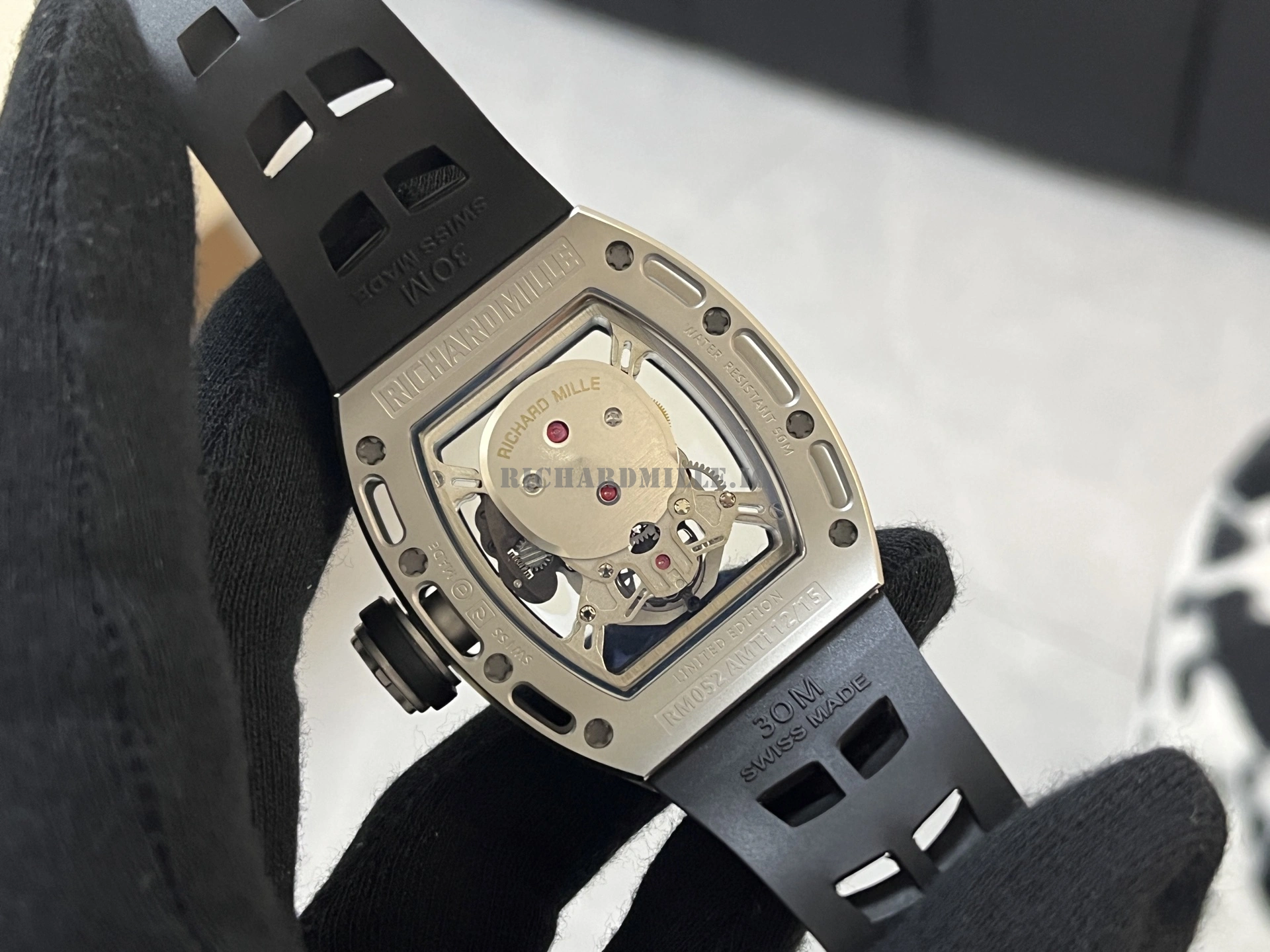 Richard Mille RM 052 Skull Tourbillon Super Clone Titanium Case White Rubber - Back View
