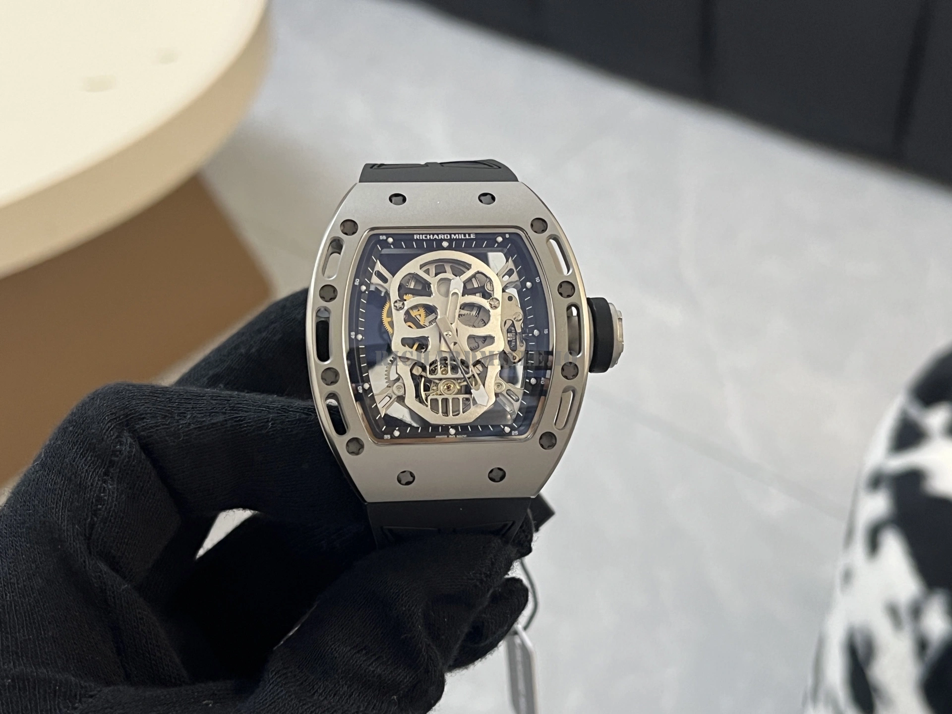 Richard Mille RM 052 Skull Tourbillon Super Clone Titanium Case White Rubber - Front View
