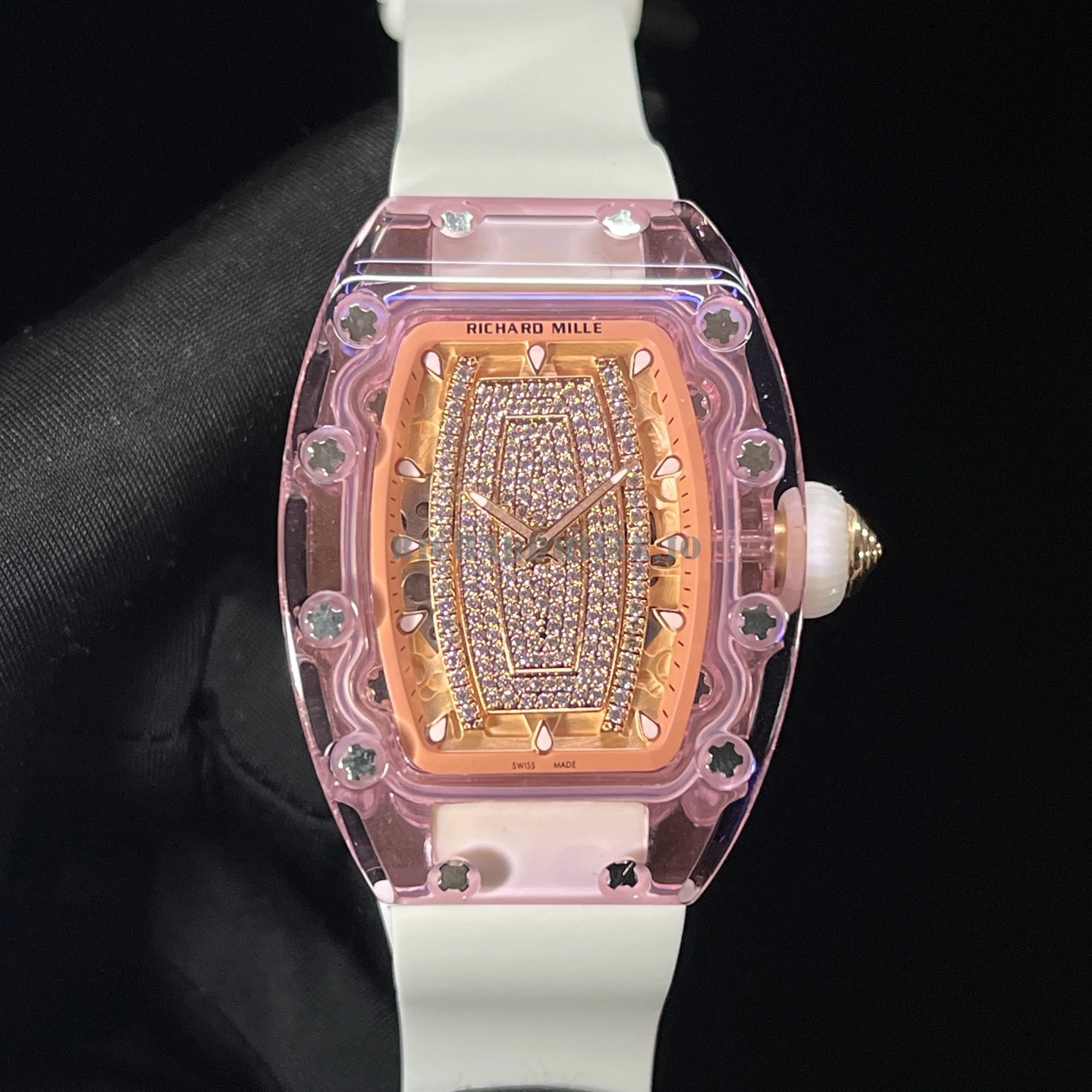 Richard Mille RM 07-02 Pink Sapphire Crystal Replica - Diamond Dial White Rubber - Dial Detail 1
