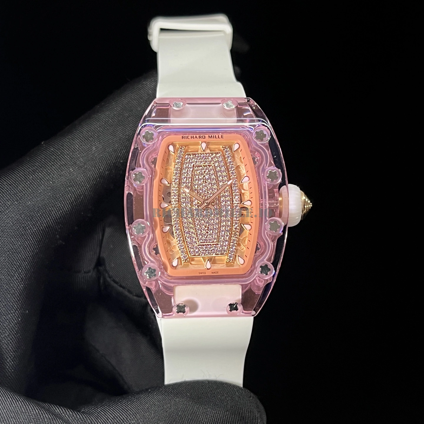 Richard Mille RM 07-02 Pink Sapphire Crystal Replica - Diamond Dial White Rubber - Dial Detail 4
