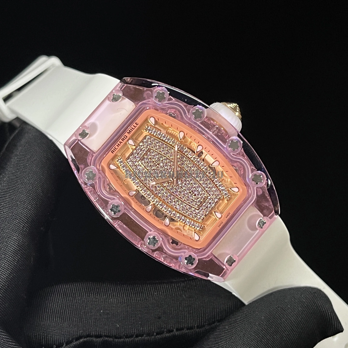 Richard Mille RM 07-02 Pink Sapphire Crystal Replica - Diamond Dial White Rubber - Dial Detail 3
