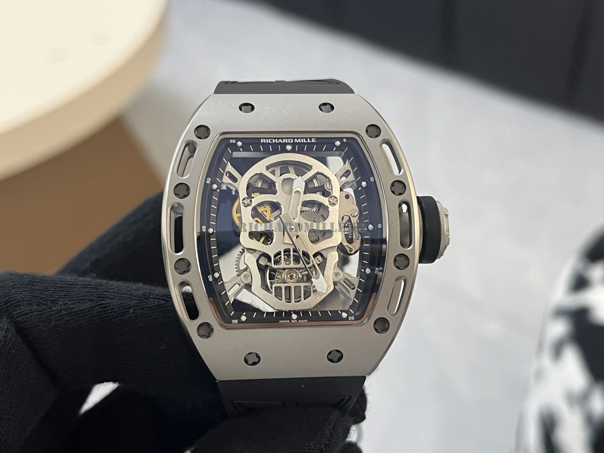 Richard Mille RM 052 Skull Tourbillon Super Clone Titanium Case White Rubber - Dial Detail 1
