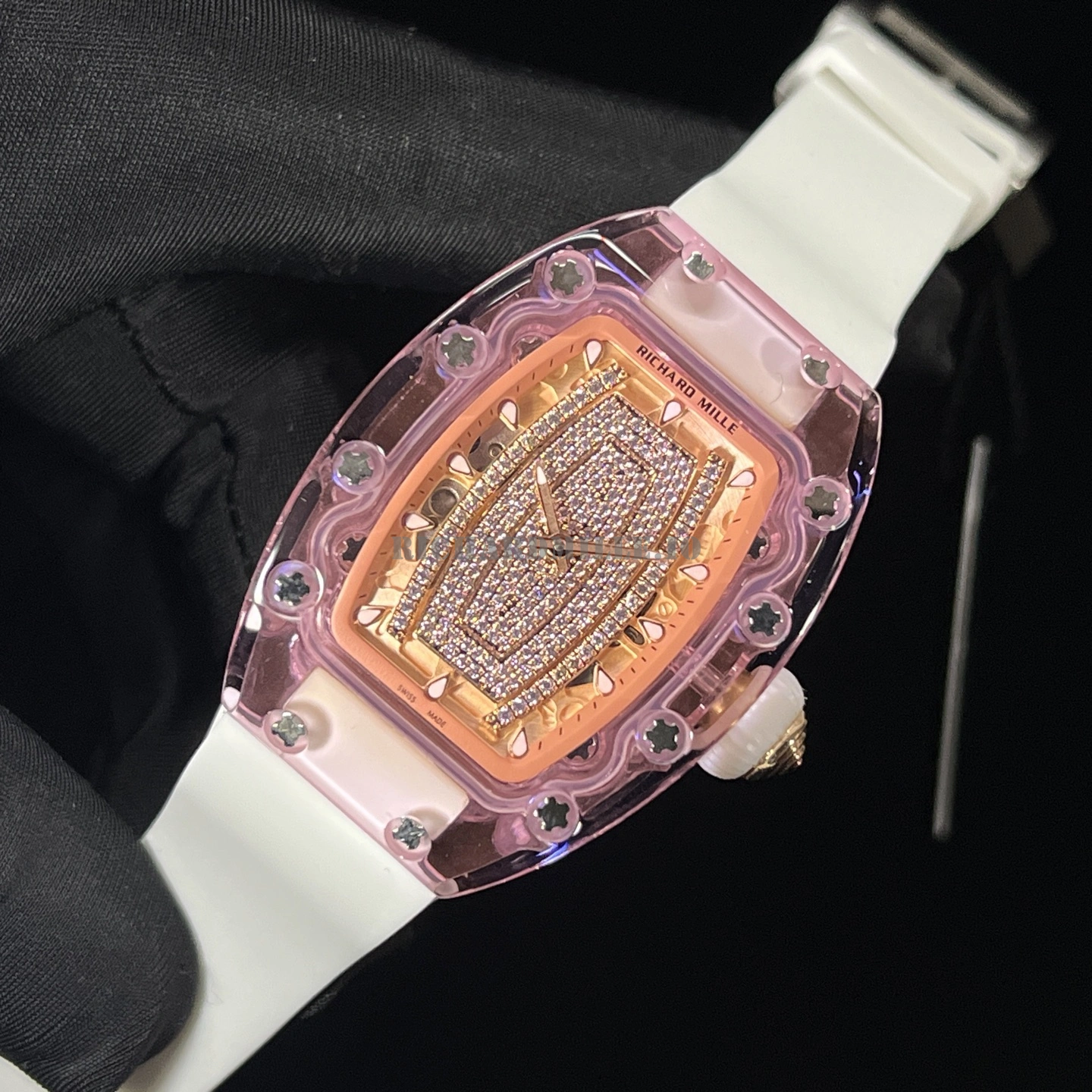 Richard Mille RM 07-02 Pink Sapphire Crystal Replica - Diamond Dial White Rubber - Dial Detail 2
