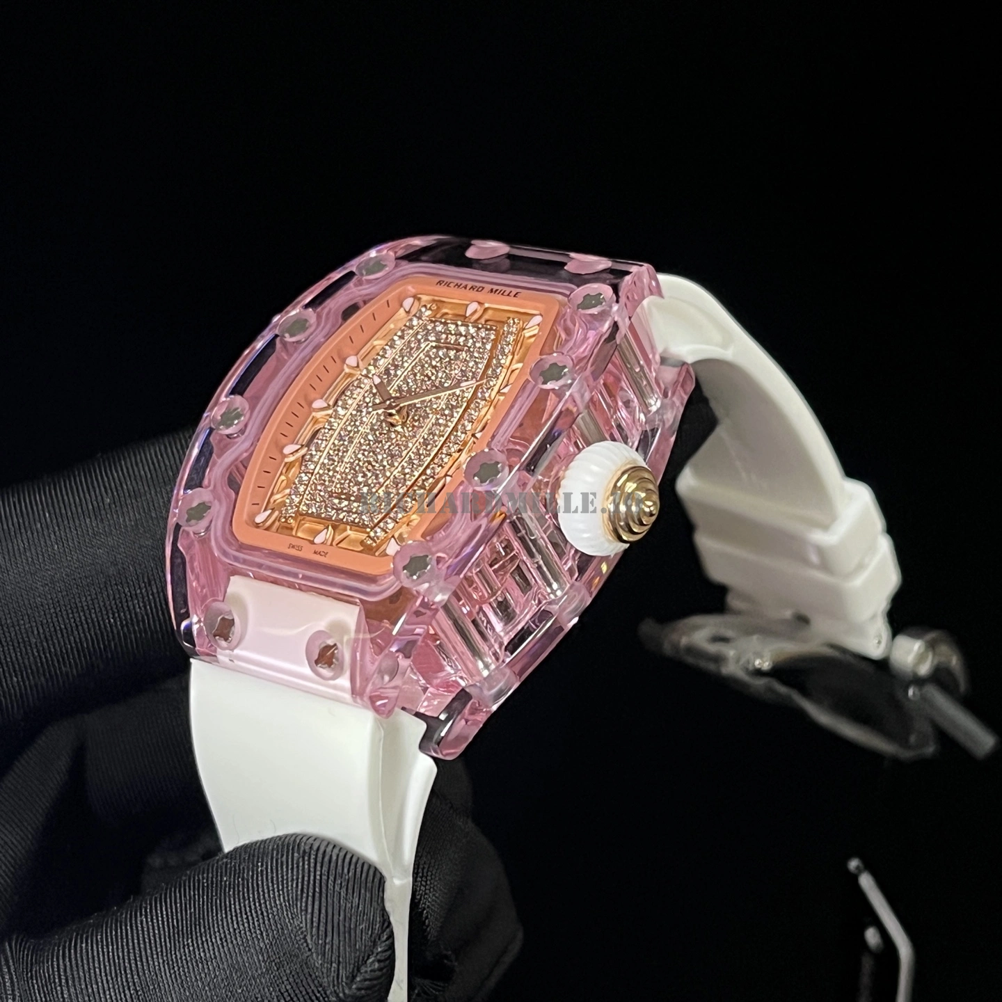 Richard Mille RM 07-02 Pink Sapphire Crystal Replica - Diamond Dial White Rubber - Right Side
