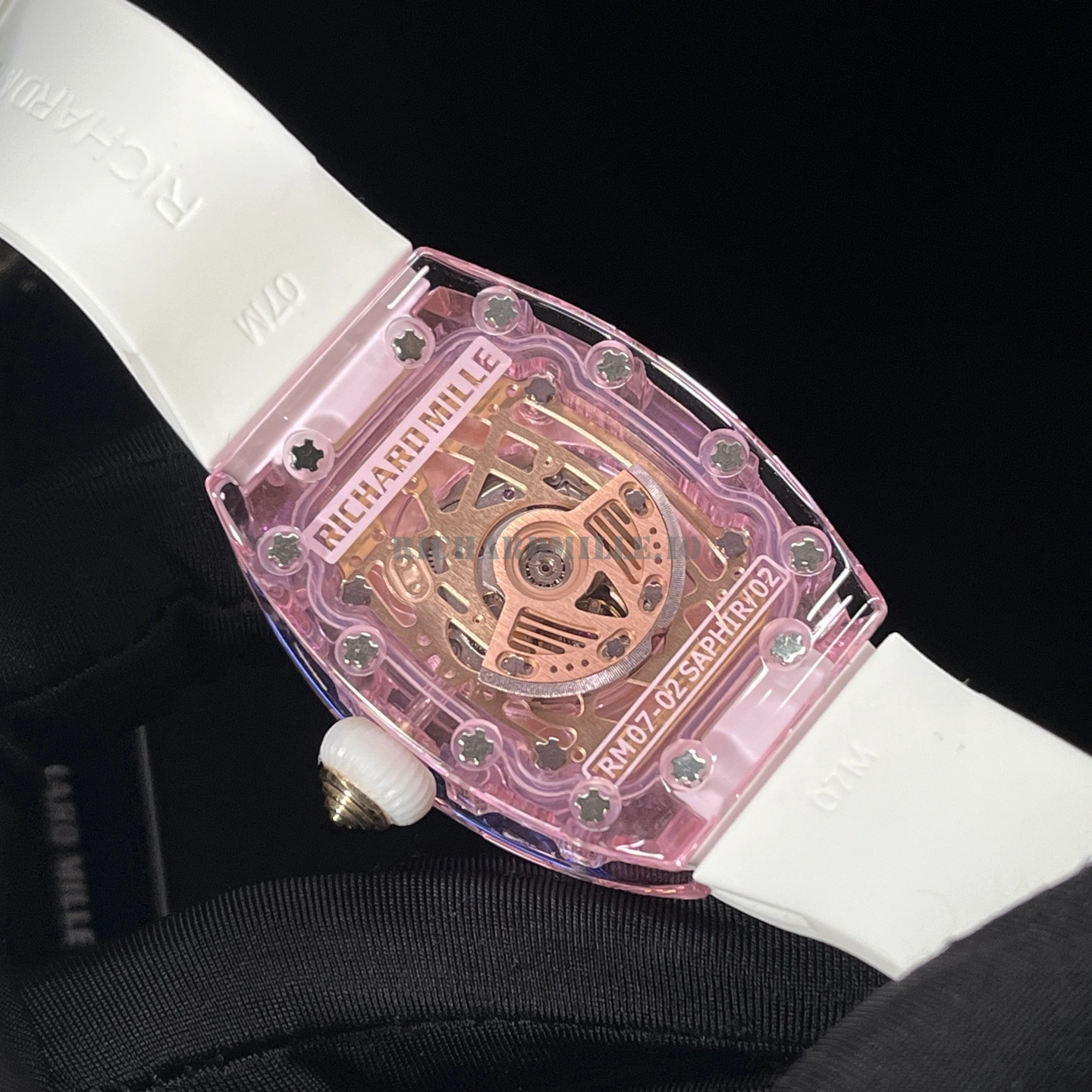 Richard Mille RM 07-02 Pink Sapphire Crystal Replica - Diamond Dial White Rubber - Back View
