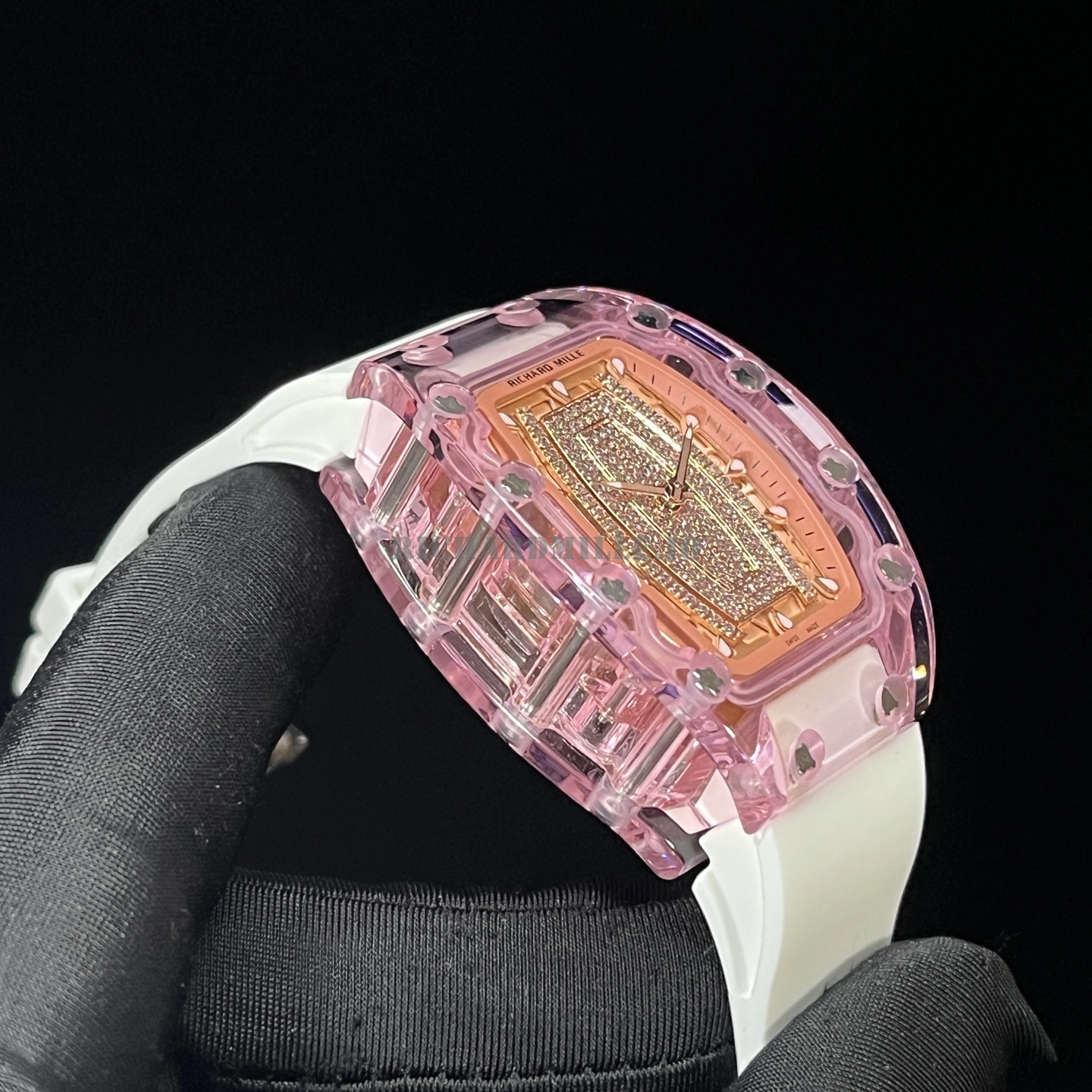 Richard Mille RM 07-02 Pink Sapphire Crystal Replica - Diamond Dial White Rubber - Left Side
