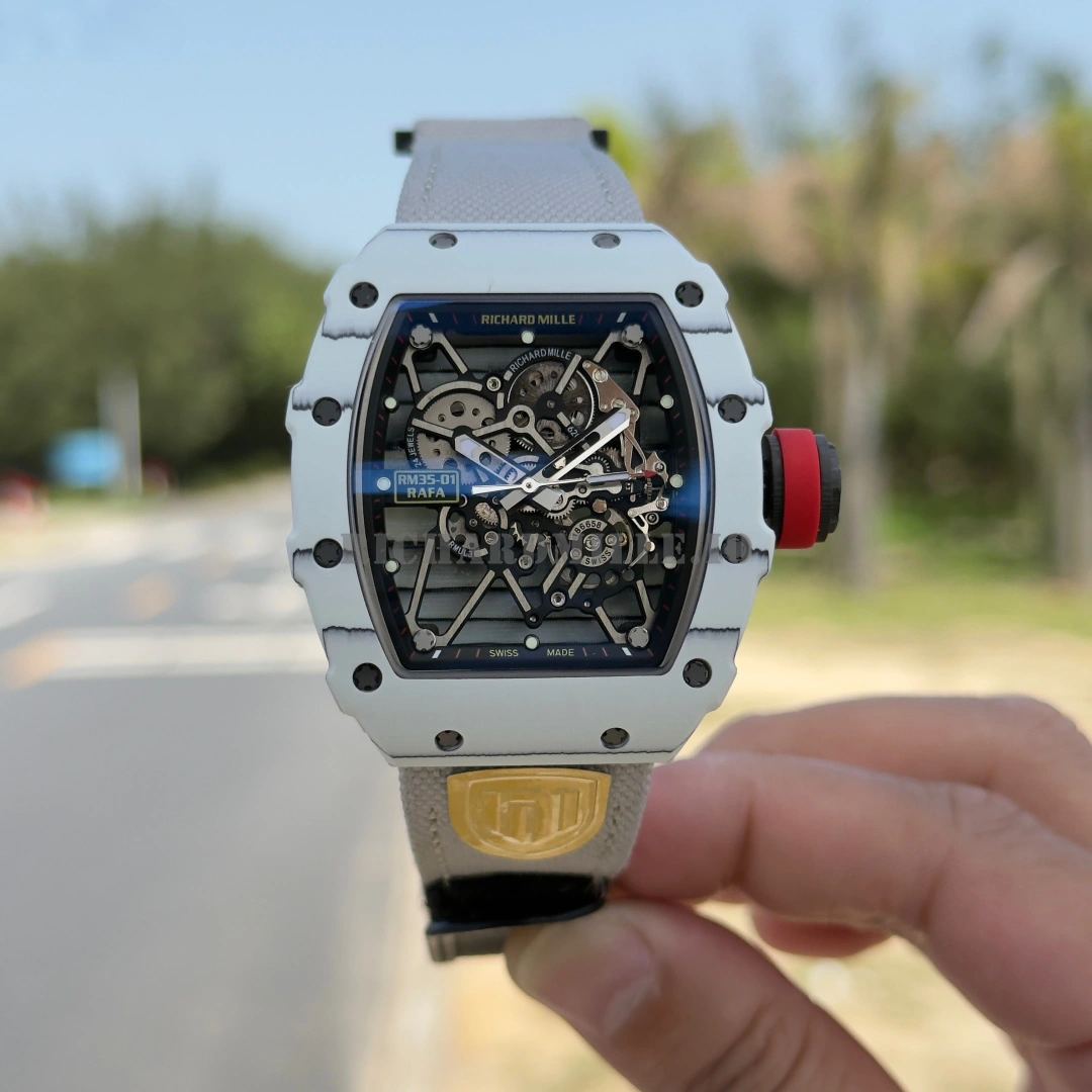 Replica Richard Mille RM 35-01 Rafael Nadal Super Clone White Carbon Fiber NTPT 49.94mm RMUL3 Skeleton - Front View
