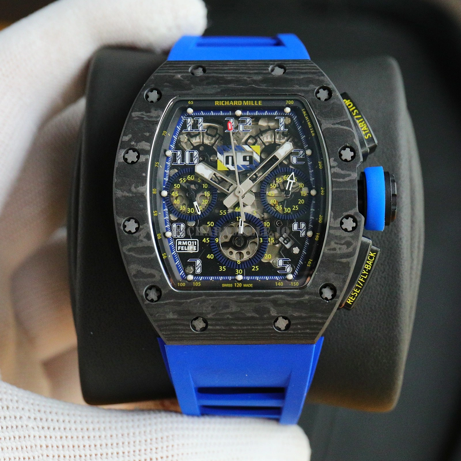 Richard Mille RM 11-03 NTPT Carbon Fiber Blue Rubber Strap Openworked Chronograph Replica Watch - Dial Detail 3