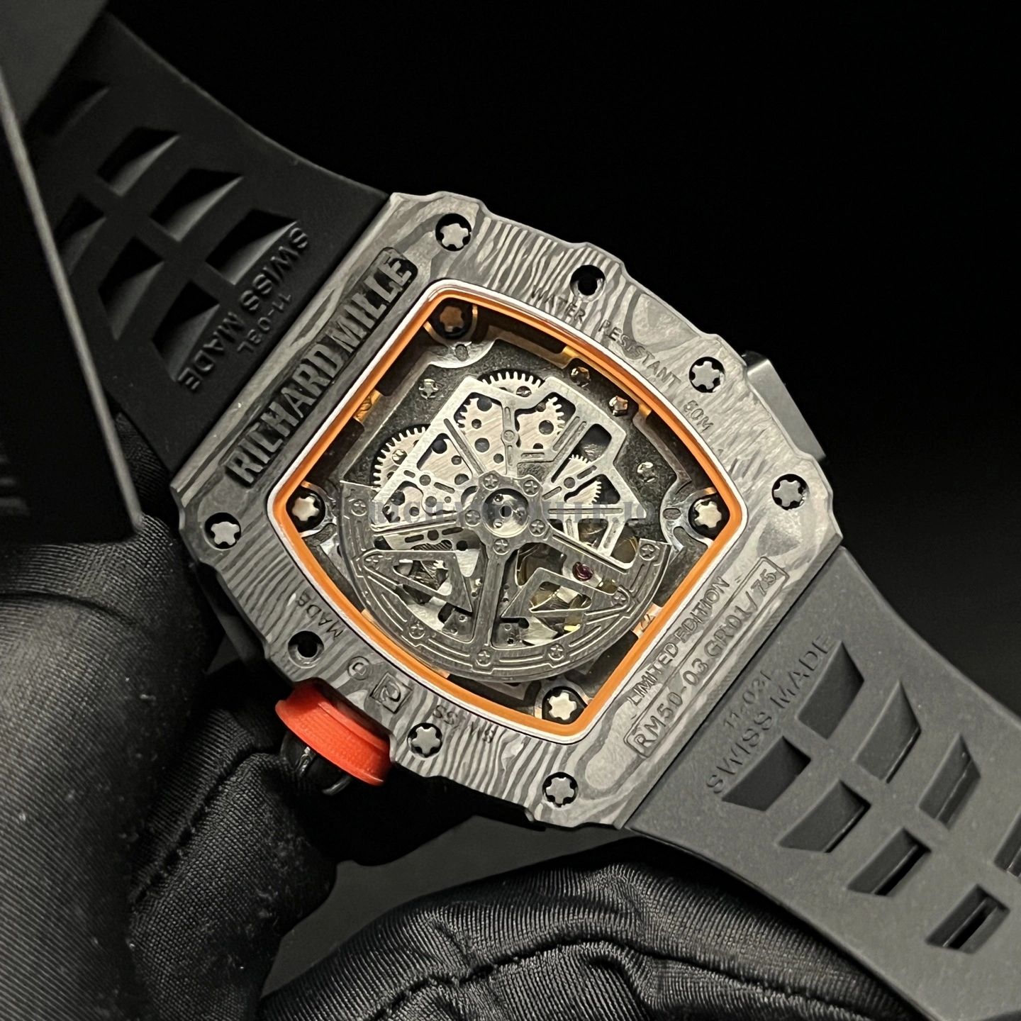 Richard Mille RM 50-03 Replica Carbon Fiber Skeleton Black Rubber - Back View

