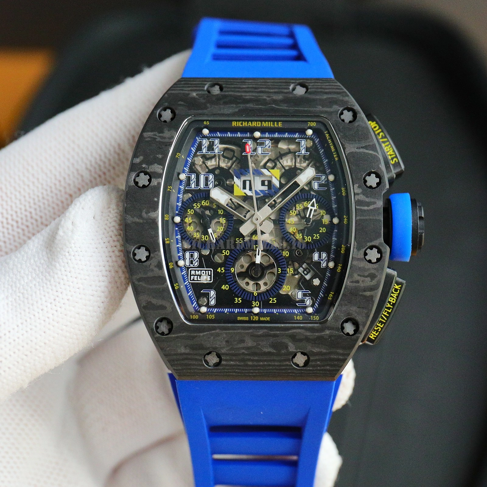 Richard Mille RM 11-03 NTPT Carbon Fiber Blue Rubber Strap Openworked Chronograph Replica Watch - Dial Detail 2