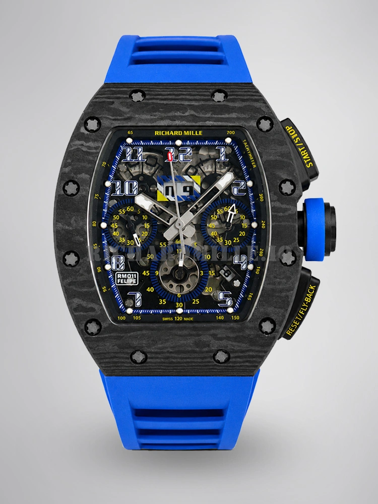 Richard Mille RM 11-03 NTPT Carbon Fiber Blue Rubber Strap Openworked Chronograph Replica Watch - Main Image
