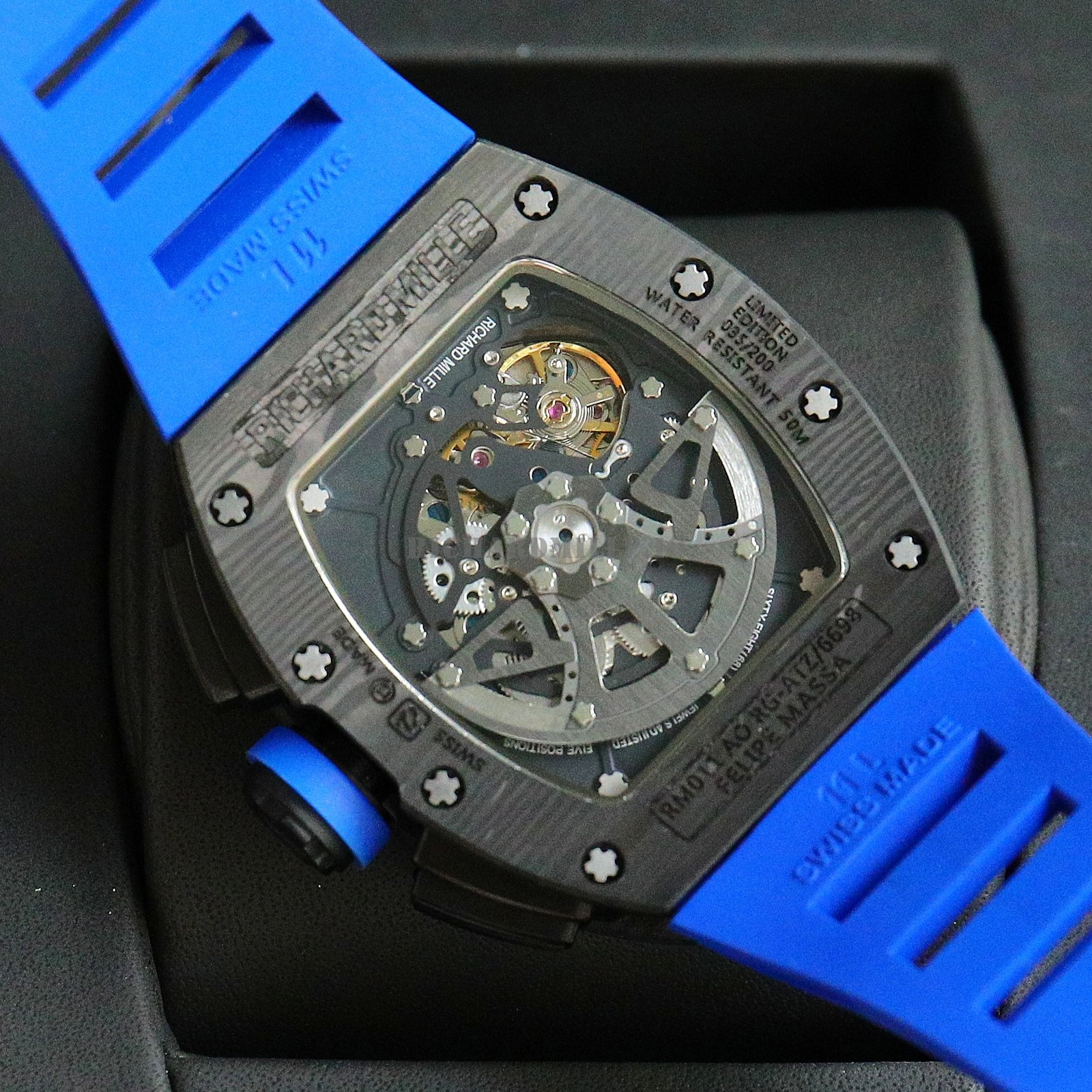 Richard Mille RM 11-03 NTPT Carbon Fiber Blue Rubber Strap Openworked Chronograph Replica Watch - Back View
