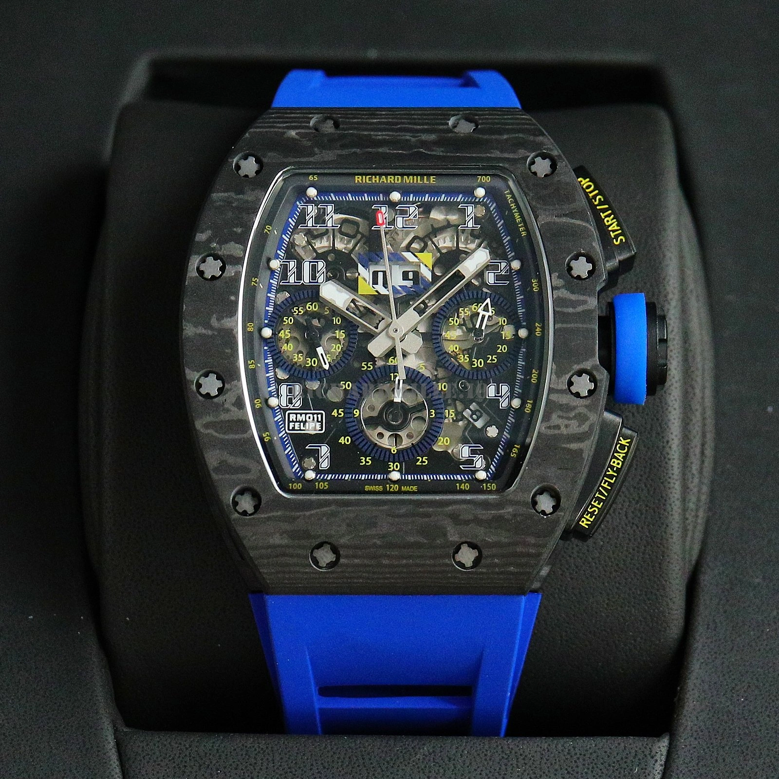 Richard Mille RM 11-03 NTPT Carbon Fiber Blue Rubber Strap Openworked Chronograph Replica Watch - Dial Detail 1
