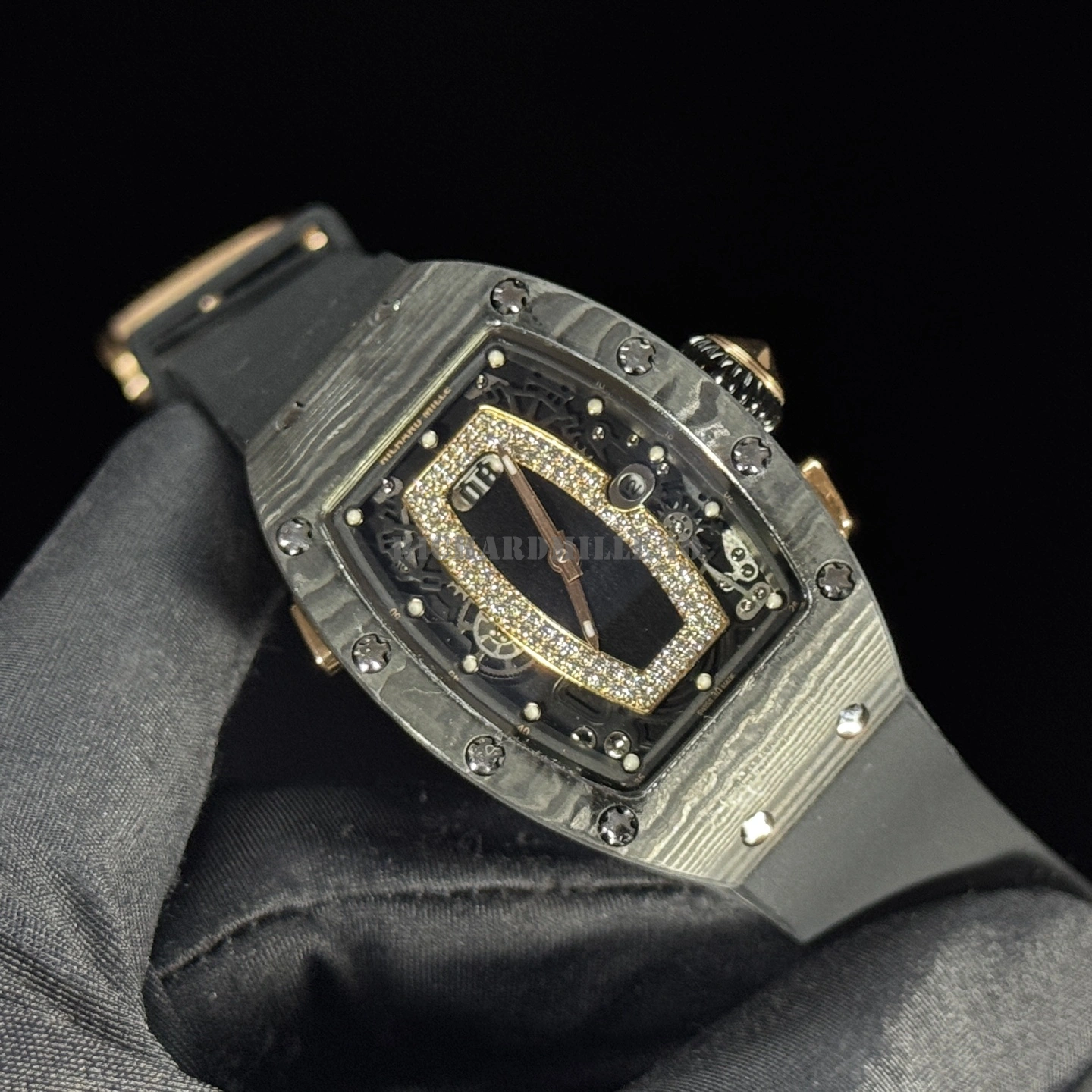 Richard Mille RM 037 Margot Robbie Super Clone Diamond Carbon Fiber Black Rubber Women's Watch - Dial Detail 3