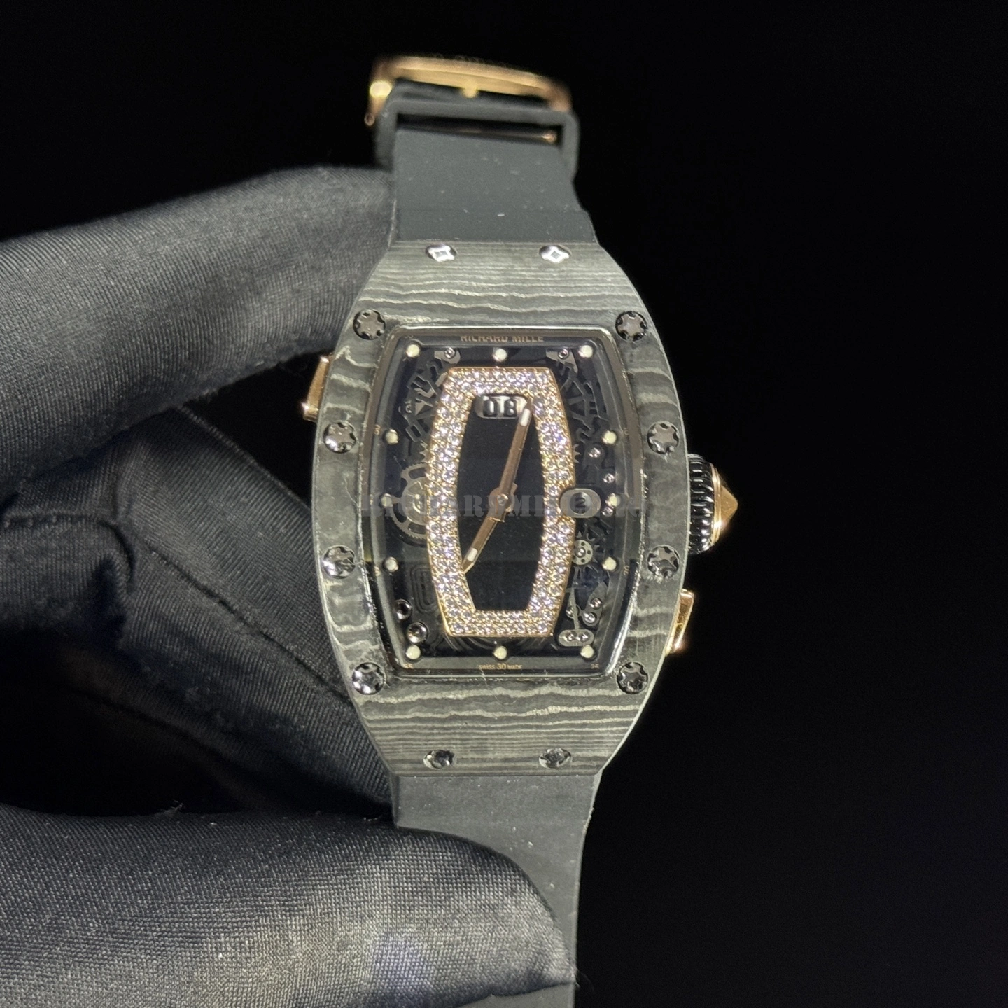 Richard Mille RM 037 Margot Robbie Super Clone Diamond Carbon Fiber Black Rubber Women's Watch - Dial Detail 2