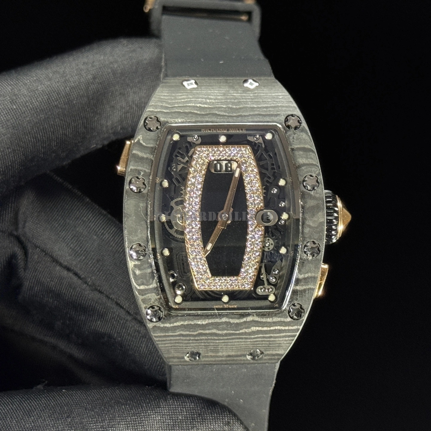 Richard Mille RM 037 Margot Robbie Super Clone Diamond Carbon Fiber Black Rubber Women's Watch - Dial Detail 1
