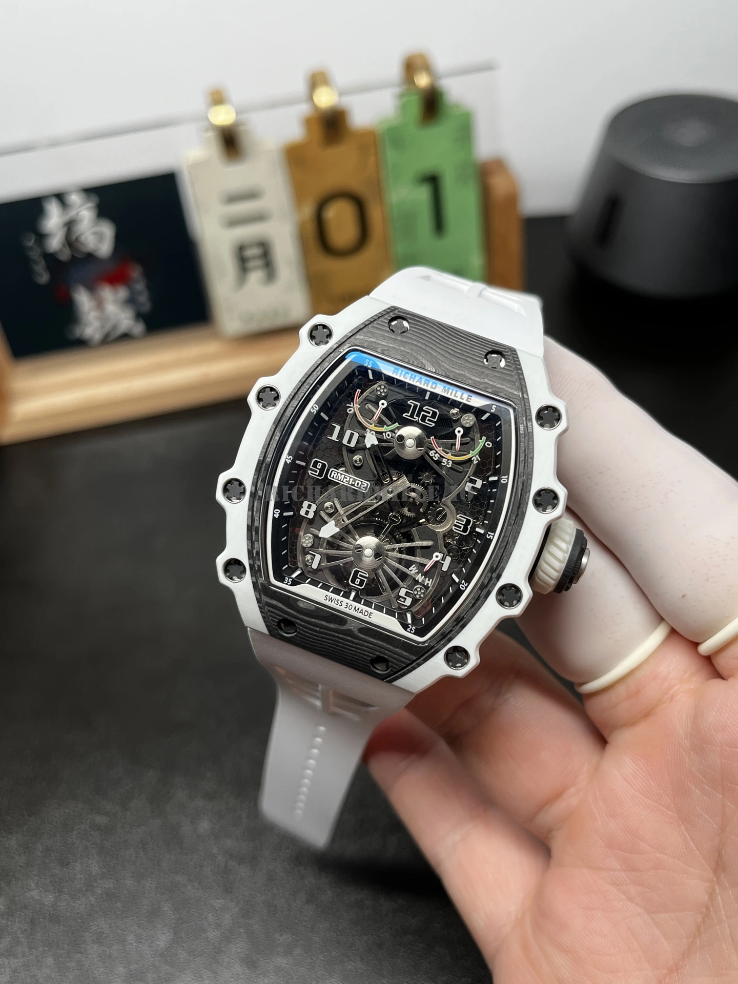 Replica Richard Mille RM 21-02 Tourbillon Aerodyne Carbon Quartz Case Men's Watch - Dial Detail 1
