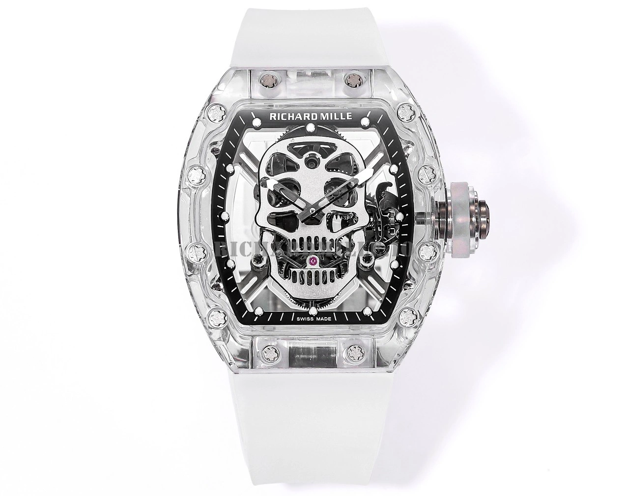 Richard Mille RM 052 Skull Tourbillon Super Clone Watch with Skull Dial Transparent Case - Front View
