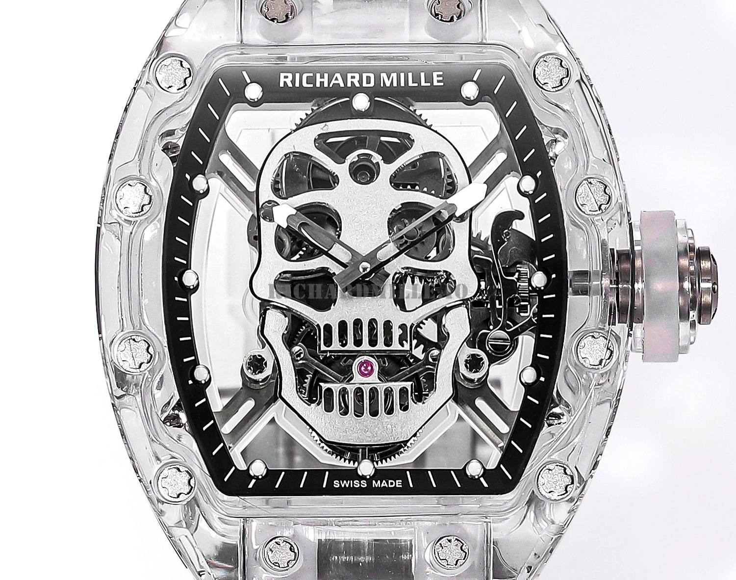 Richard Mille RM 052 Skull Tourbillon Super Clone Watch with Skull Dial Transparent Case - Dial Detail 1
