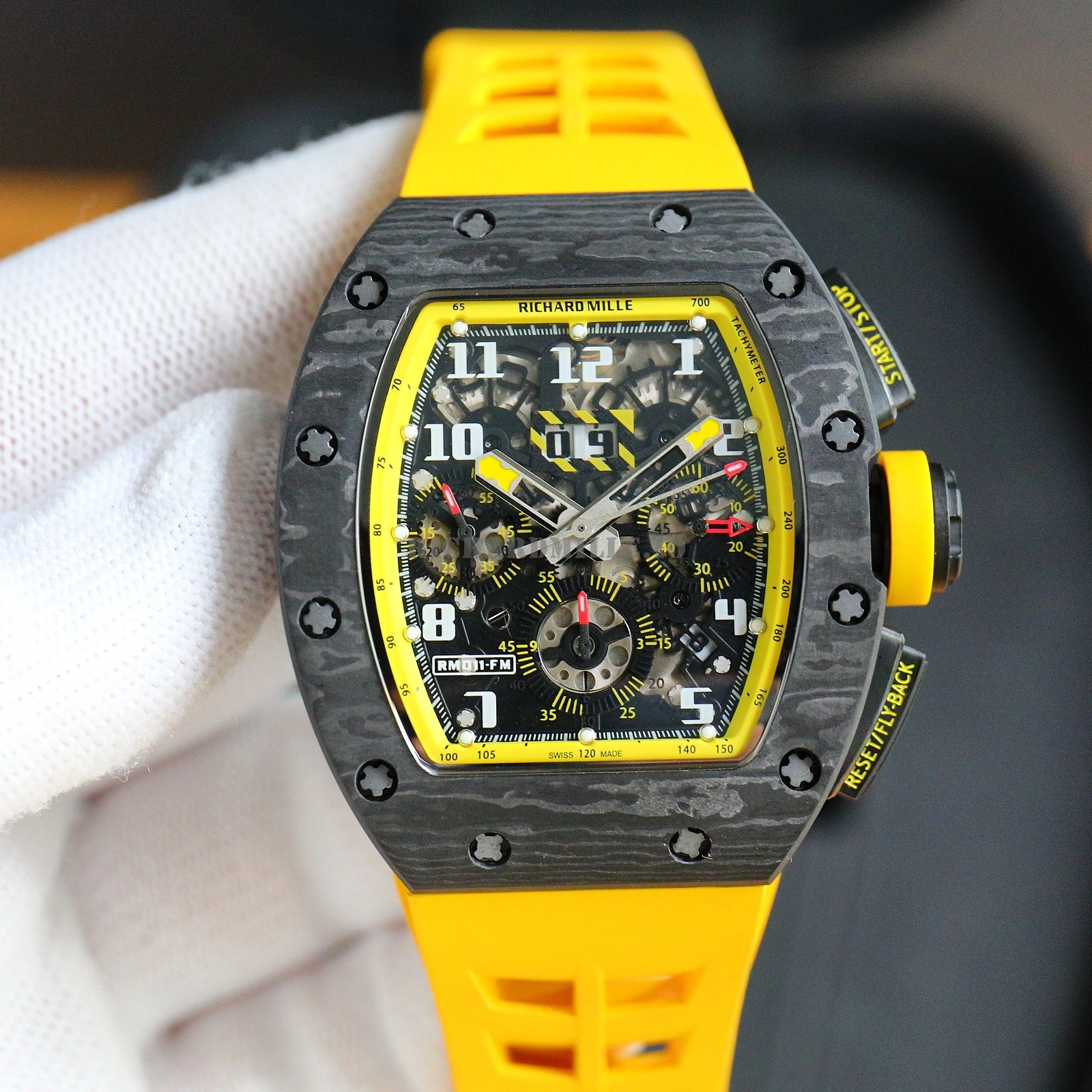 Richard Mille RM 011-FM Yellow Storm Super Clone - NTPT Carbon Fiber Yellow Rubber McLaren - Dial Detail 2