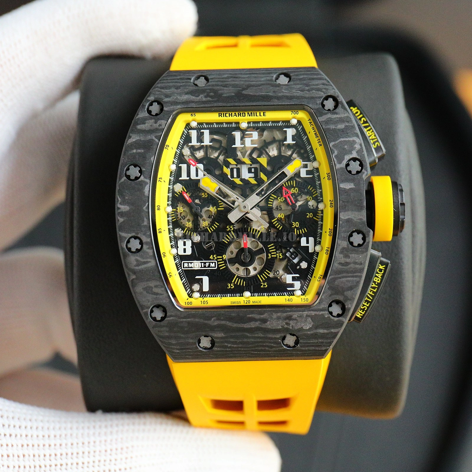 Richard Mille RM 011-FM Yellow Storm Super Clone - NTPT Carbon Fiber Yellow Rubber McLaren - Dial Detail 3