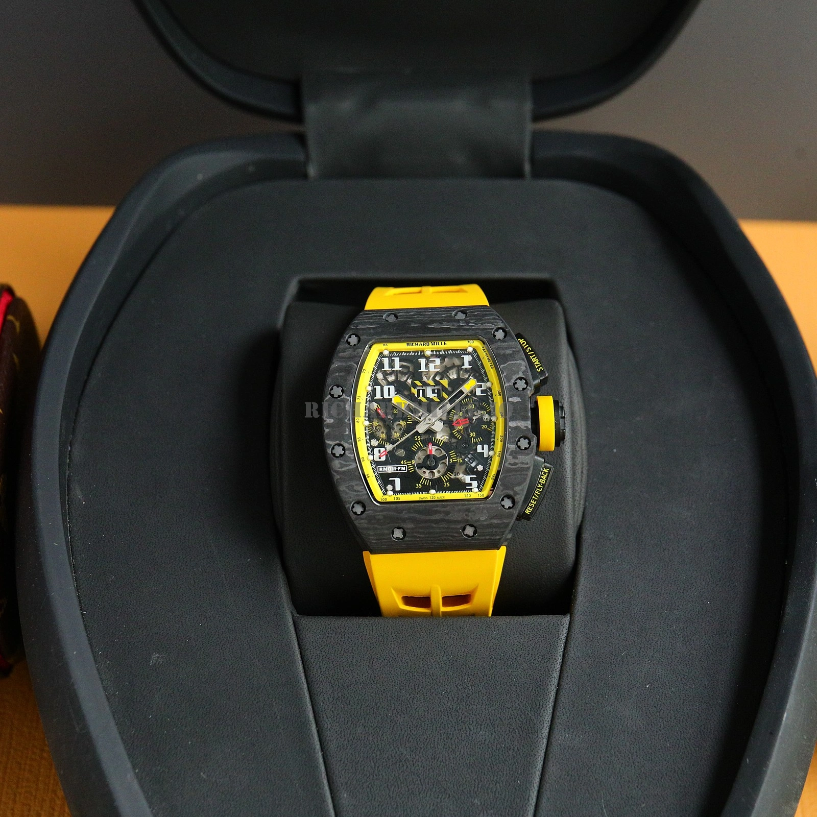 Richard Mille RM 011-FM Yellow Storm Super Clone - NTPT Carbon Fiber Yellow Rubber McLaren - Dial Detail 1
