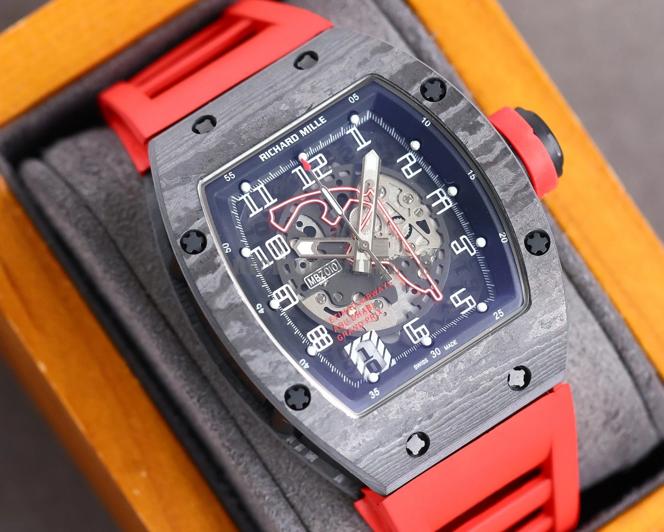 Richard Mille RM 010 Replica Men's Skeleton Watch AAA Luxury Automatic 49mm Red Rubber Strap - Dial Detail 1