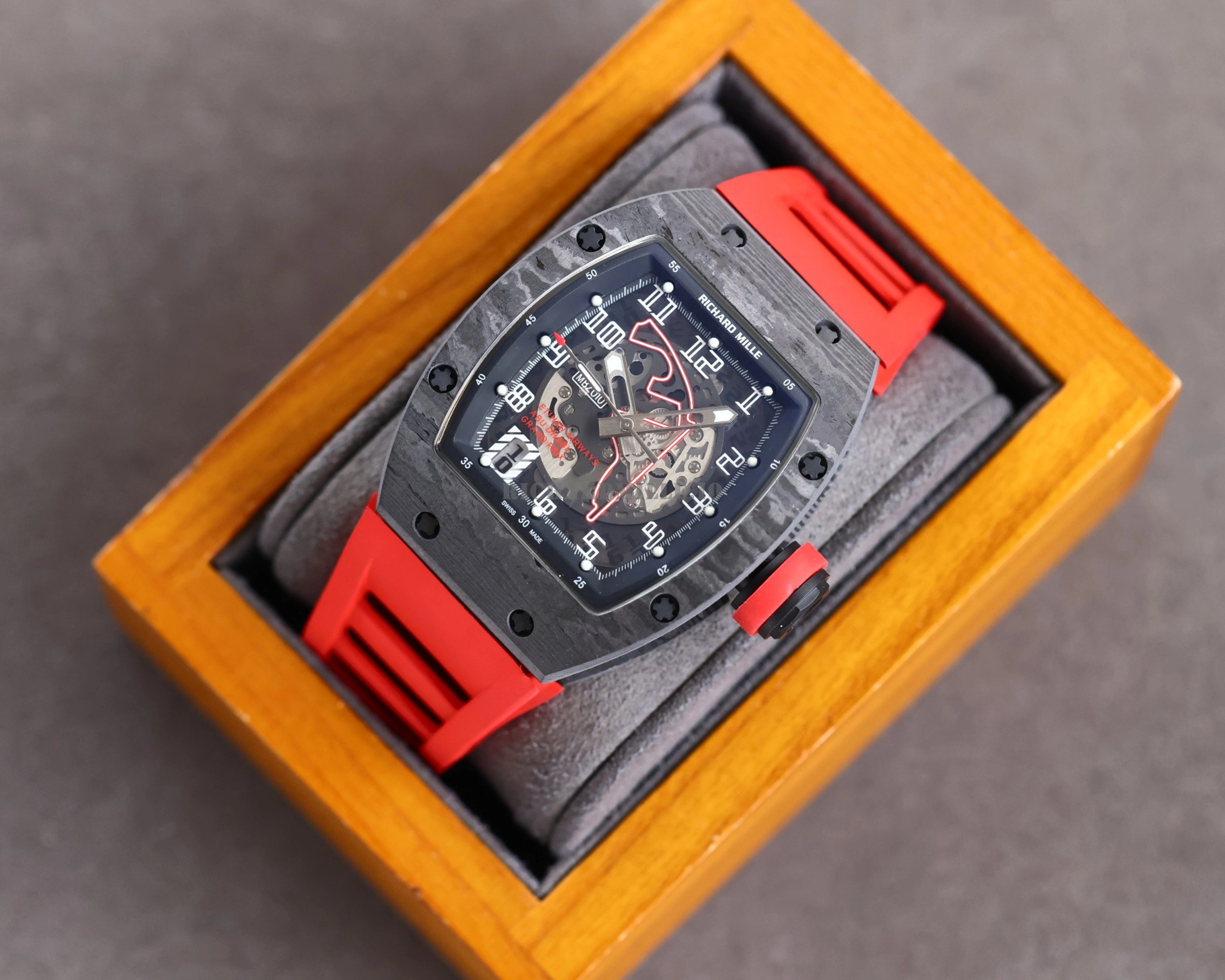 Richard Mille RM 010 Replica Men's Skeleton Watch AAA Luxury Automatic 49mm Red Rubber Strap - Dial Detail 4